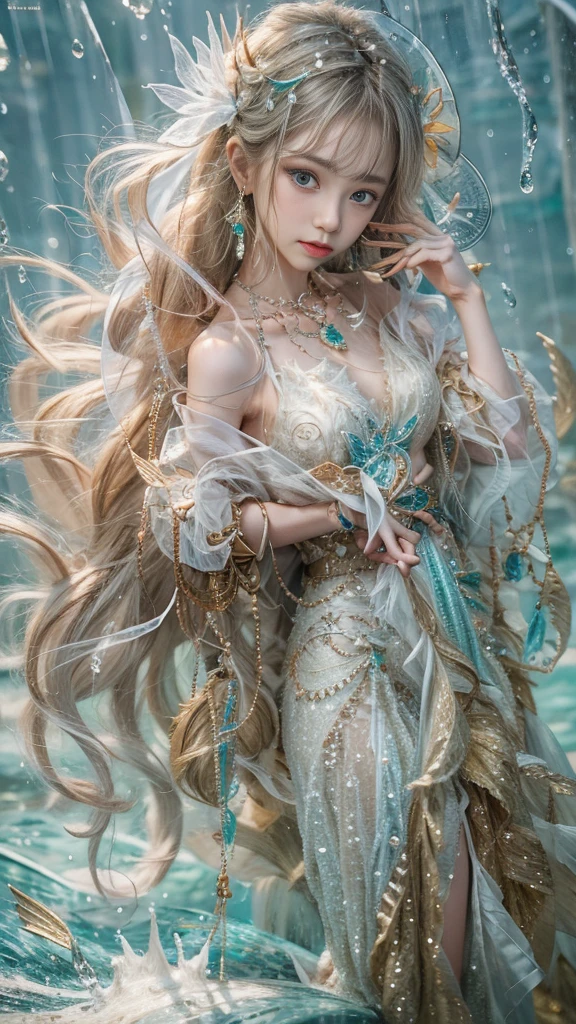 (RAW shooting, Mysterious:1.3, 32k:1.5, highest quality, masterpiece, Ultra-high resolution), (snow, Ocean:0.7, Majestic Background:0.7, Mysterious表現:1.0, Expressions of sadness:1.0), Perfect dynamic composition:1.3, 非常にdetailedな肌と顔の質感:1.3, (Slim Mermaid:1.3, Mermaid Tail), Random Shot, Fair skin:1.2, Incredibly slim body:1.2, Fractal Art:1.1, Very beautiful face:1.1, Water droplets on the skin, detailed, (Rain drips down on my body:1.1, Wet body:1.1, Wet Hair:1.1), (Posing Pro:0.9, With a wet bouquet:0.9, Colorful and gorgeous mermaid dress portrait:1.1, Woven Belt), Shapely breasts, (Big eyes that exude beautiful eroticism:0.5, Lips that exude beautiful eroticism:0.5), I love you, Very sweet atmosphere, necklace, Earrings, bracelet