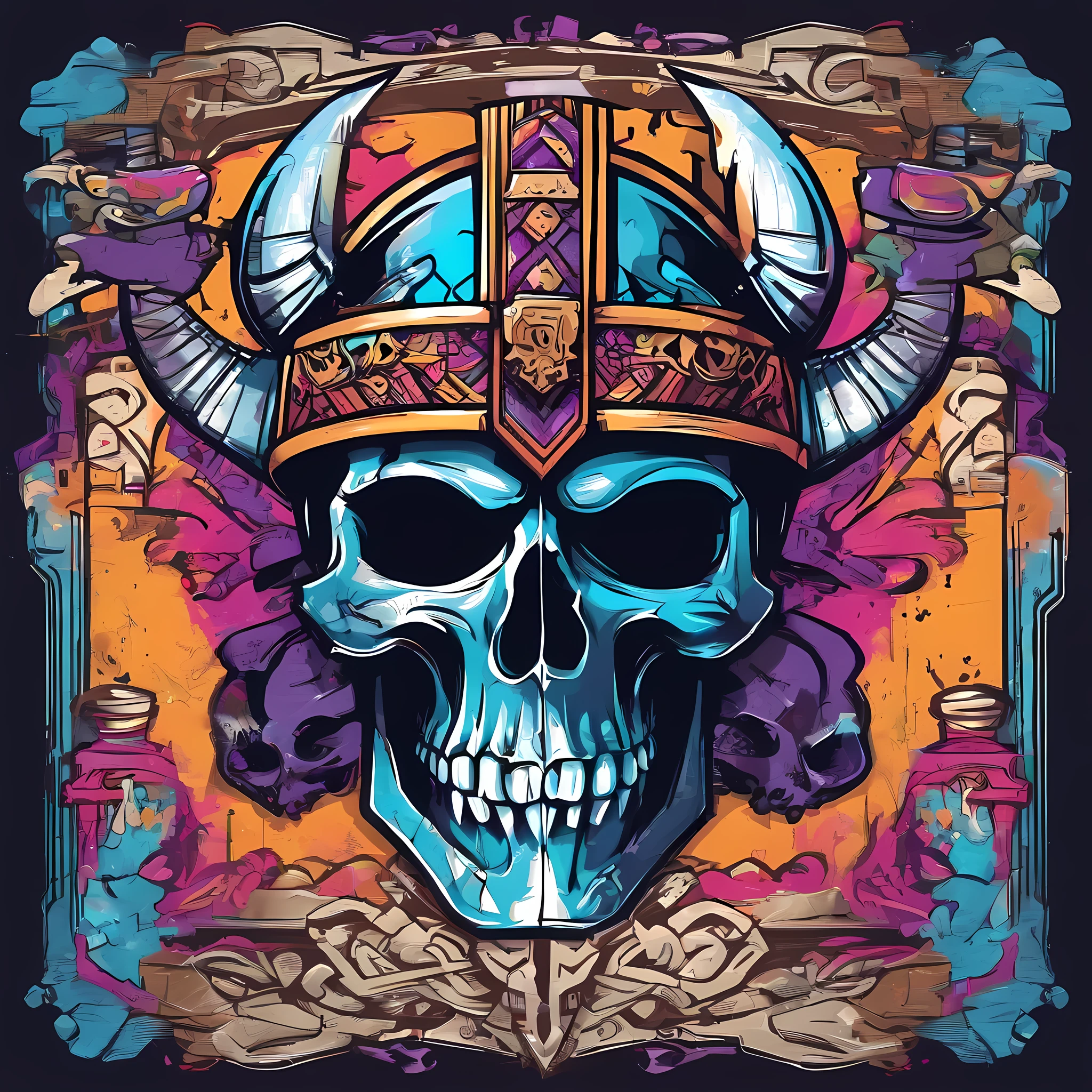 "Edgy and vibrant Ed Hardy style t-shirt design featuring a meticulously detailed skull with a viking helmet, crescent axe and norse style runes. The design incorporates bold tribal tattoo details with vibrant colors and bold outlines. just design with bold bewels, no humans or items on the background"