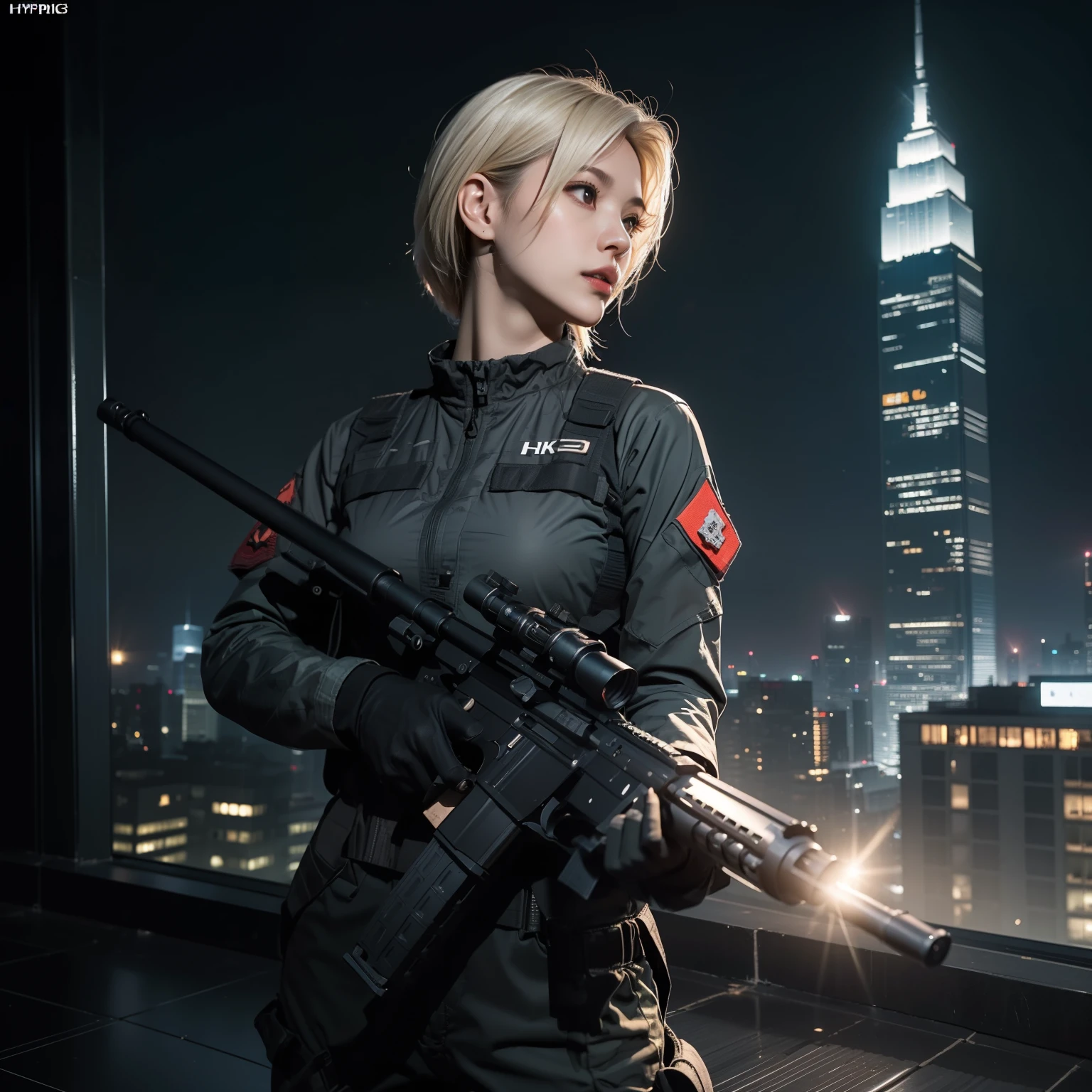 (Trained female soldiers)、((Aim and fire your rifle:1.4、Sniper stance、guns、h&K HK416))、1 Women、thick body、(Black combat uniform)、(platinum-blonde-hair:1.2)、((超A high resolution))、Detail Write、masterpiece、top-quality、extremely details CG、8K picture quality、Cinematographic lighting、lensflare、(Skyscraper rooftop at night:1.4)、Hyper-detailing、((Dynamic Angle Bust Shots:1.4))、Detailed firearm depiction、Rifle with perfect detail、Perfect barrel that does not distort、Fighter in the sky、