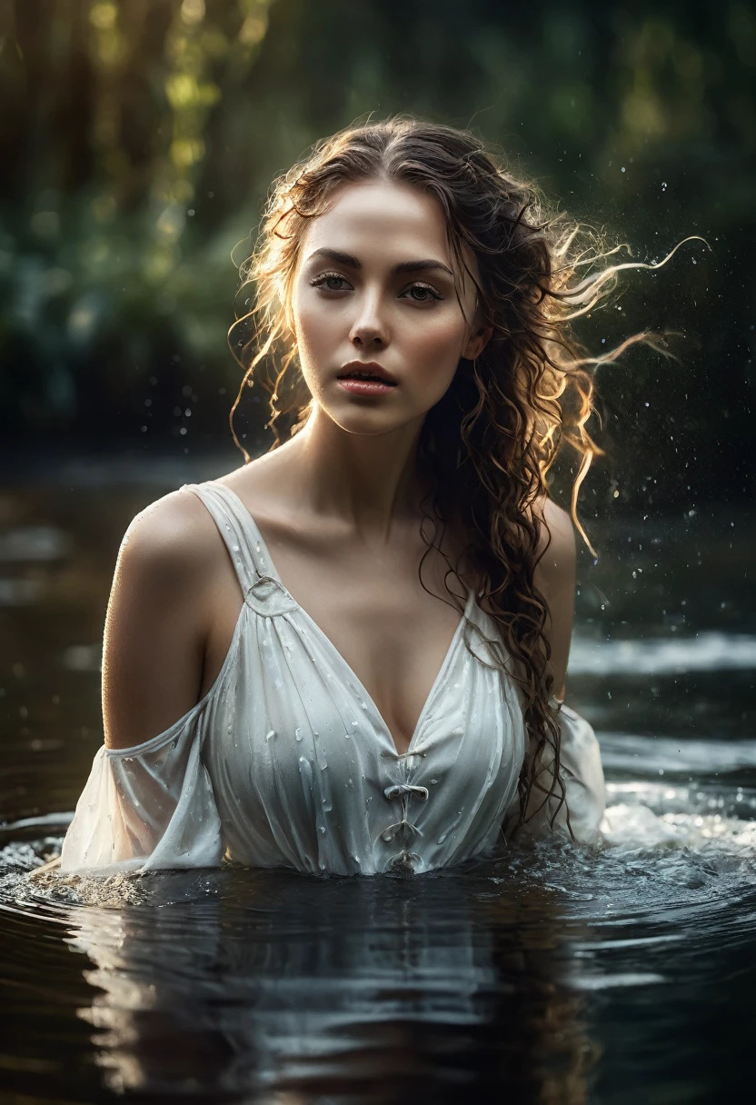 A stunning photo masterpiece by Stefan Gesell , depicts a captivating scene of a woman with long wavy hair swimming in a tranquil lakeside setting. The woman, wearing a semi-transparent white sailor dress, exudes an ethereal beauty as she emerges from the water, her wet clothes clinging to her body. The calm nature and soft daylight create a serene atmosphere, with water droplets glistening on her skin. The subtle glow and idyllic setting evoke a sense of peace and connection with nature. The artist's skillful use of crepuscular light  creates a cinematic effect, while the grayish background adds depth and contrast to the composition. The portrait, captured in a close-up, encapsulates the essence of an enchanting photograph. 8k uhd, dslr, Dramatic Rim light, high quality, Fujifilm XT3 HDRI