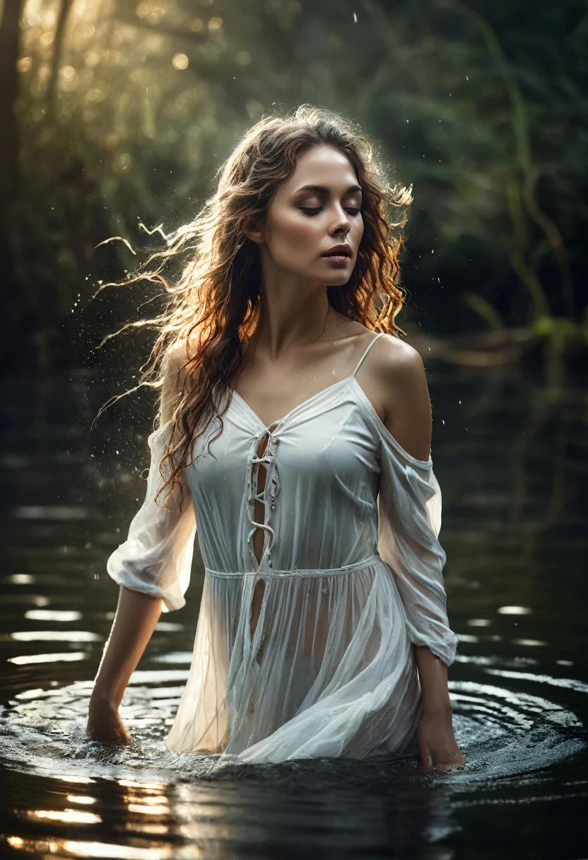 A stunning photo masterpiece by Stefan Gesell , depicts a captivating scene of a woman with long wavy hair swimming in a tranquil lakeside setting. The woman, wearing a semi-transparent white sailor dress, exudes an ethereal beauty as she emerges from the water, her wet clothes clinging to her body. The calm nature and soft daylight create a serene atmosphere, with water droplets glistening on her skin. The subtle glow and idyllic setting evoke a sense of peace and connection with nature. The artist's skillful use of crepuscular light creates a cinematic effect, while the grayish background adds depth and contrast to the composition. The portrait, captured in a close-up, encapsulates the essence of an enchanting photograph. 8k uhd, dslr, Dramatic Rim light, high quality, Fujifilm XT3 HDRI