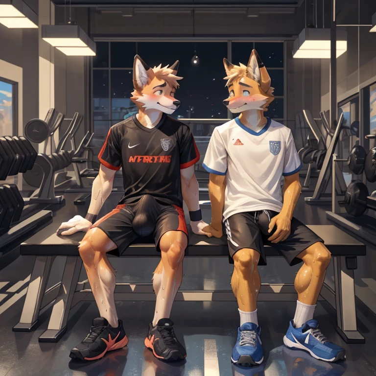 furry fox, , teenagers, d, after sports, sweaty, black long gym shorts, Nike brand, sports clothes, erected (bulge), covered erection, shy, gym equipment room, very horny, huge bulge (erection under shorts), gay, sit beside friend who is also erected after sports, erection, precum stain, huge erection under shorts (covered), sweaty, big erection under shorts, embarrassed, slim and fit, young, at night, fetish for sports shorts, teasing each other, tight gym shirt