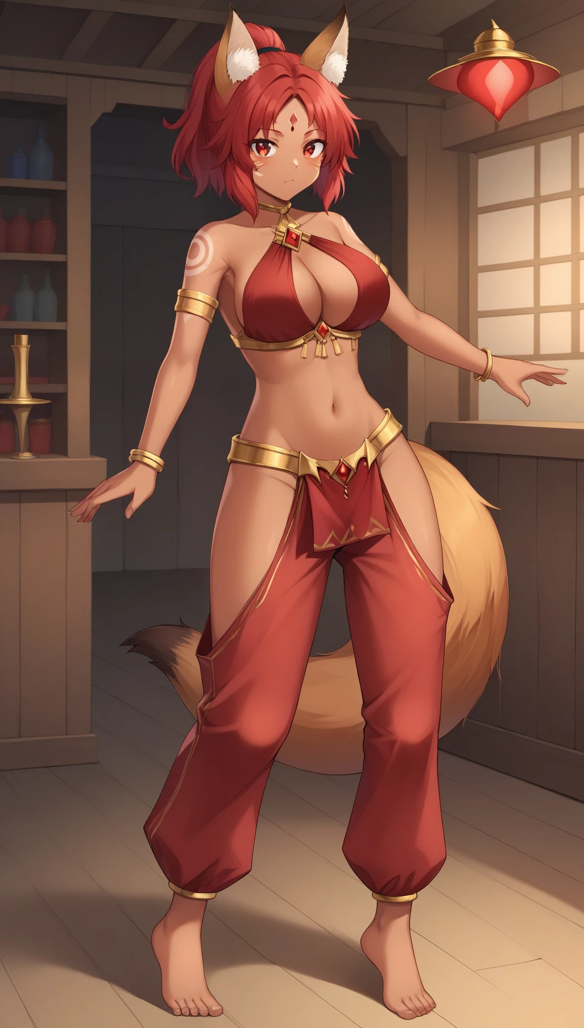 SatranaAFKAXL, red eyes, sidelocks, parted bangs, red hair, short hair, forehead ornament, ponytail, animal ears, dark skin, colored skin, facial mark, tail, large breasts, gold ornament, bare shoulders, cleavage, midriff, navel, armlet, bracelet, red pants, hip vent, barefoot, solo, standing, looking at viewer, indoors