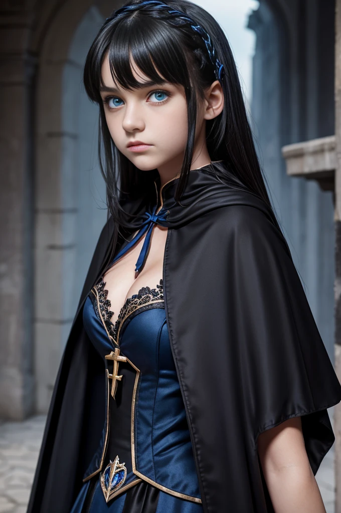 TeEn girl, evil, teenager(1.3),, teen girl,vemall breats, black hair and blue eyes, detailed face, ,cleavage, dress with cape, desing with christian cross ,background in prussia