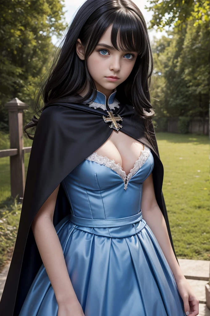 TeEn girl, evil, teenager(1.3),13 years old, teen girl,very small breats, black hair and blue eyes, detailed face, ,cleavage, dress with cape, desing with christian cross ,background in prussia
