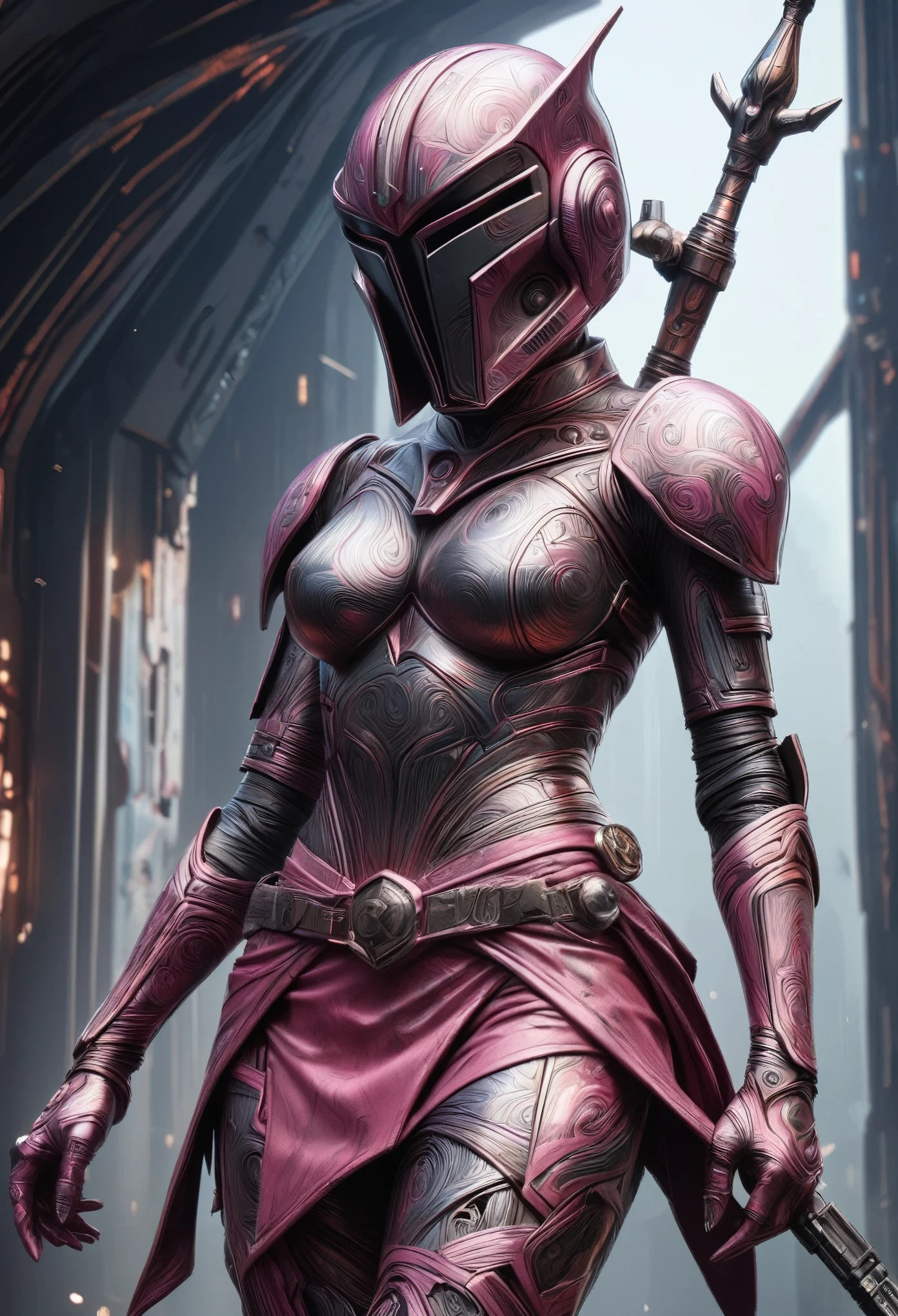 Super Sexy Female mandalorian Ninja from Star Wars, pink corset, very short pink mini skirt, damascus, revealing outfit, superhero photorealistic art by carne griffiths and wadim kashin, rule of thirds, good lighting, atmospheric lens, high reflections, backdrop, super sharp focus, ilustration, abstract beauty