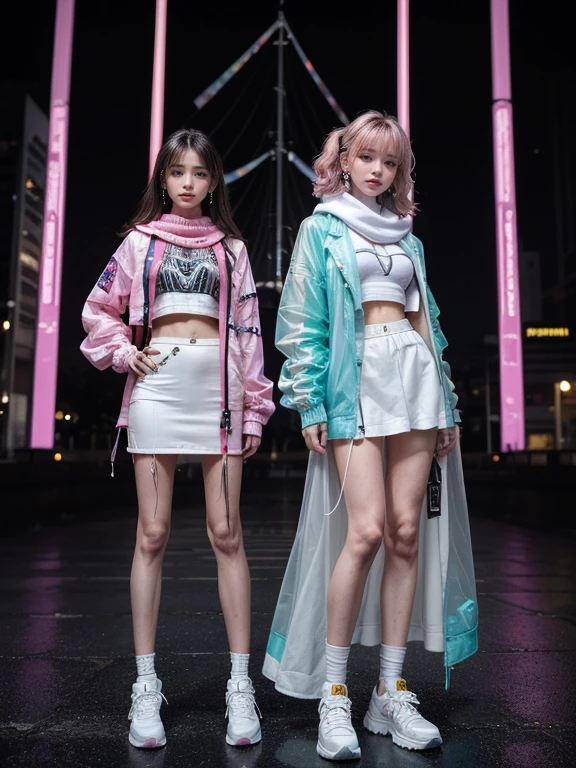 highest quality, Very detailed, masterpiece,hug,Two women hugging each other,(((Perfect female body))),Very beautiful face, Very beautiful body,Gentle expression, Very beautiful eyes,(Perfect Makeup:1.1),Blowing in the wind,Fashion Model,Cyberpunk Fashion,Curly Hair,Shaggy Hair,pink and blue hair:1.3, very thin body,Smart Abs,,(Fractal Gradient:1.3),Tech See-Through Jacket,Monogrammed long skirt,anklet,Two-tone high-top sneakers,A kind smile,Full body portrait,(Night in Cyber City), (Shiny skin),(Earrings),Long scarf with elegant pattern,Neon long shawl,
