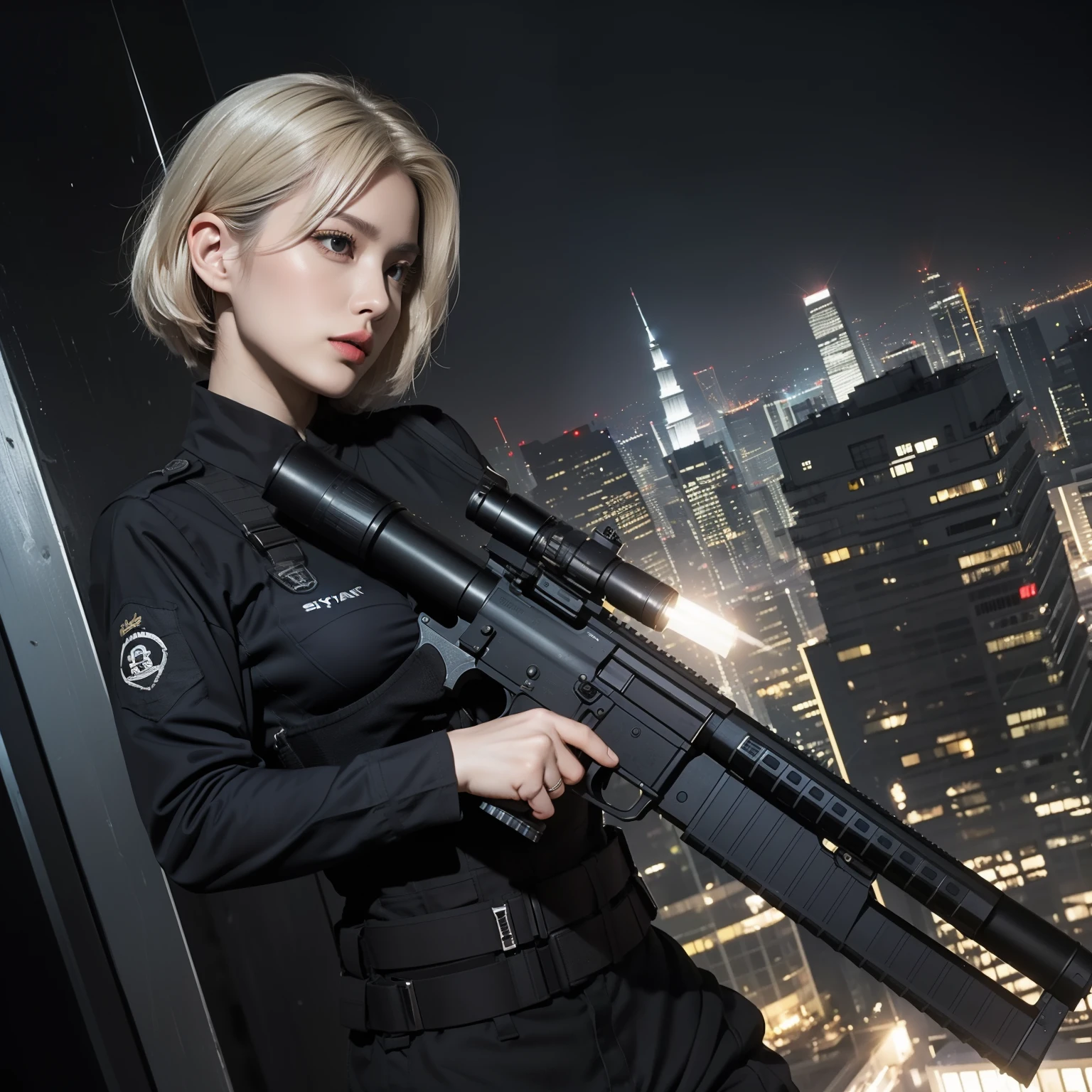 (Trained female soldiers)、((Aim and fire your rifle:1.4、Sniper stance、guns、h&K HK416))、1 Women、thick body、(Black combat uniform)、(platinum-blonde-hair:1.2)、((超A high resolution))、Detail Write、​masterpiece、top-quality、extremely details CG、8K picture quality、Cinematographic lighting、lensflare、(Skyscraper rooftop at night:1.4)、Hyper-detailing、((Dynamic Angle Bust Shots:1.4))、Detailed firearm depiction、Rifle with perfect detail、Perfect barrel that does not distort、Fighter in the sky、
