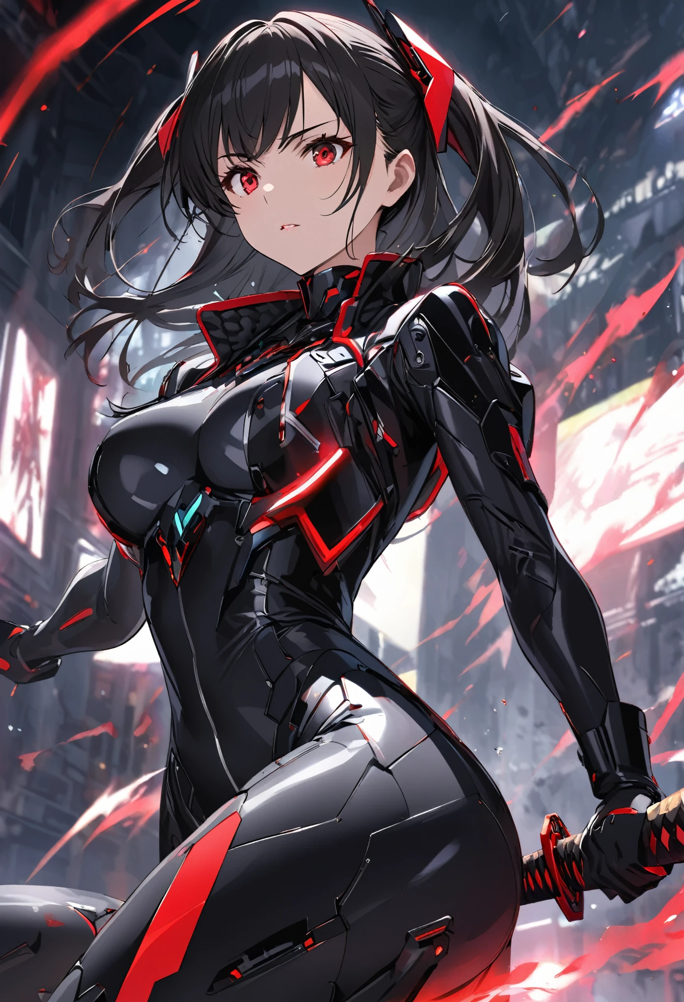 The character is a young girl with long, black hair styled in a "two side up" fashion. Her captivating red eyes exude an intense aura, reflecting her deadly determination. She belongs to a specialized assassination unit, trained in covert operations. Equipped with advanced technology, she wields a high-tech Japanese katana, combining tradition with innovation. Completing her formidable appearance, she wears a sleek combat exosuit, enhancing her agility and protection. This character's design embraces the essence of an anime aesthetic.
