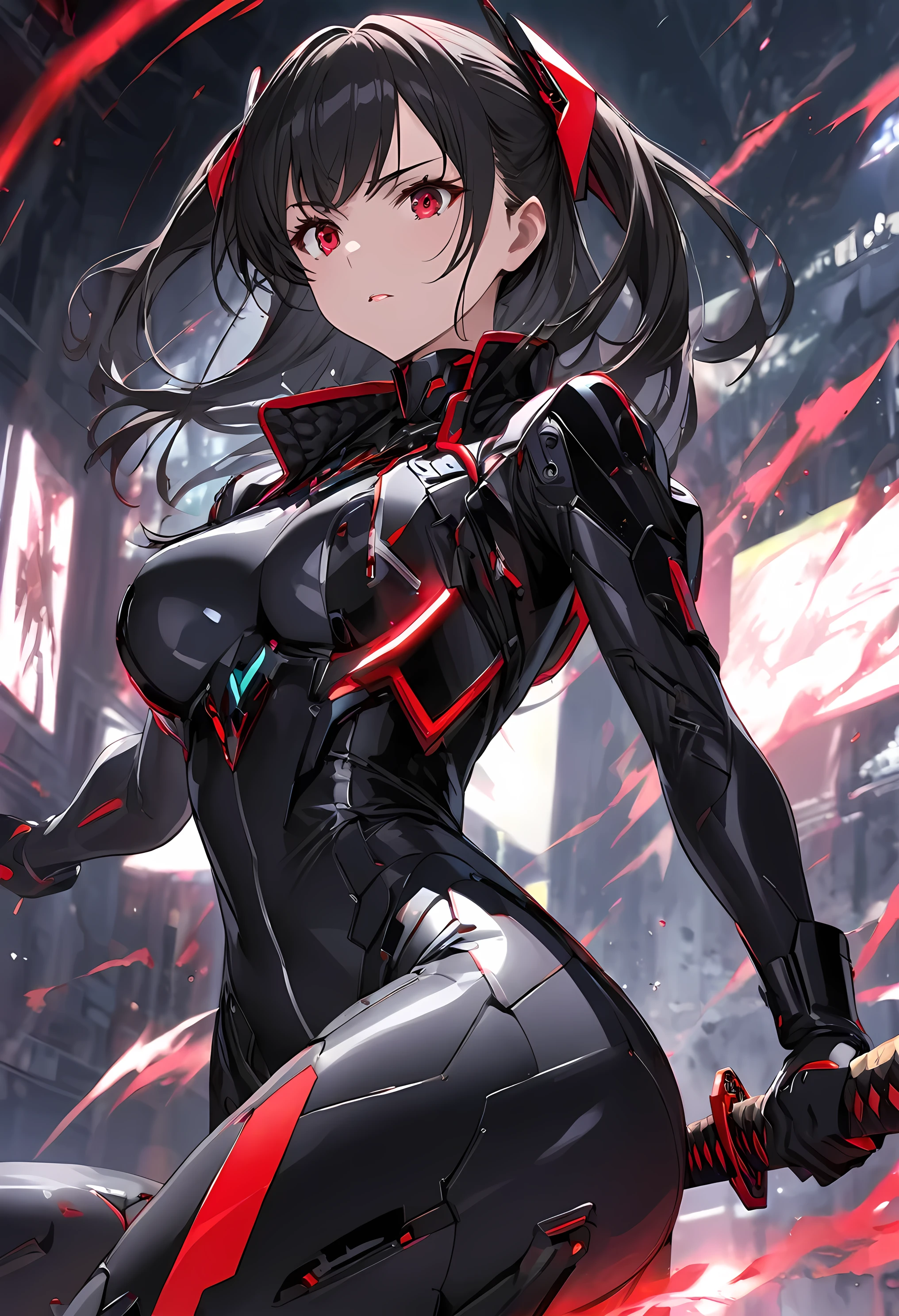 The character is a young girl with long, black hair styled in a "two side up" fashion. Her captivating red eyes exude an intense aura, reflecting her deadly determination. She belongs to a specialized assassination unit, trained in covert operations. Equipped with advanced technology, she wields a high-tech Japanese katana, combining tradition with innovation. Completing her formidable appearance, she wears a sleek combat exosuit, enhancing her agility and protection. This character's design embraces the essence of an anime aesthetic.