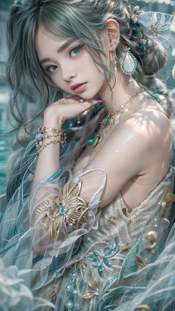 (RAW shooting, Mysterious:1.0, 32k:1.5, highest quality, masterpiece, Ultra-high resolution), (snow, Ocean:0.7, Majestic Background:0.7, Mysterious表現:1.3, Expressions of sadness:1.0), Perfect dynamic composition:1.3, 非常にdetailedな肌と顔の質感:1.3, (Slim Mermaid:1.3, Mermaid Tail), Random Shot, Fair skin:1.2, Incredibly slim body:1.2, Fractal Art:1.1, Very beautiful face:1.1, Water droplets on the skin, detailed, (Rain drips down on my body:1.1, Wet body:1.1, Wet Hair:1.1), (Posing Pro:0.9, With a wet bouquet:0.9, Colorful and gorgeous mermaid dress portrait:1.1, Woven Belt), Shapely breasts, (Big eyes that exude beautiful eroticism:0.5, Lips that exude beautiful eroticism:0.5), I love you, Very sweet atmosphere, necklace, Earrings, bracelet