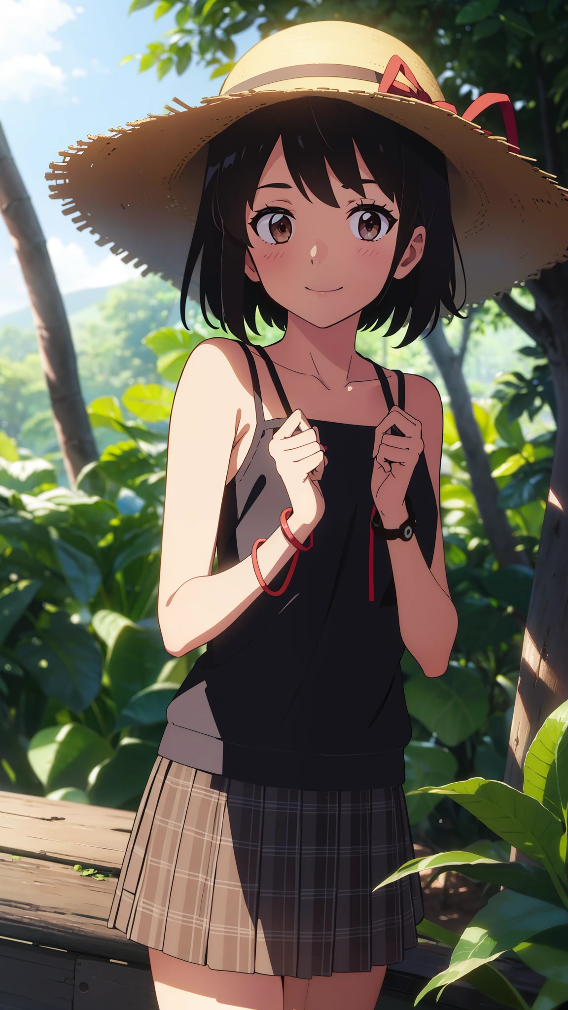 shinkai makoto, kimi no na wa., 1girl, bangs, black hair, blush, brown eyes, red headband, red ribbon, bracelet, short hair, cute, beautiful, shinny skin, looking at viewer, smile, cute, solo, camisole, skirt, plaid skirt, short sleeves, outdoors, gloves, straw hats, Rainforest background, in the forest, night, night sky, upper-body