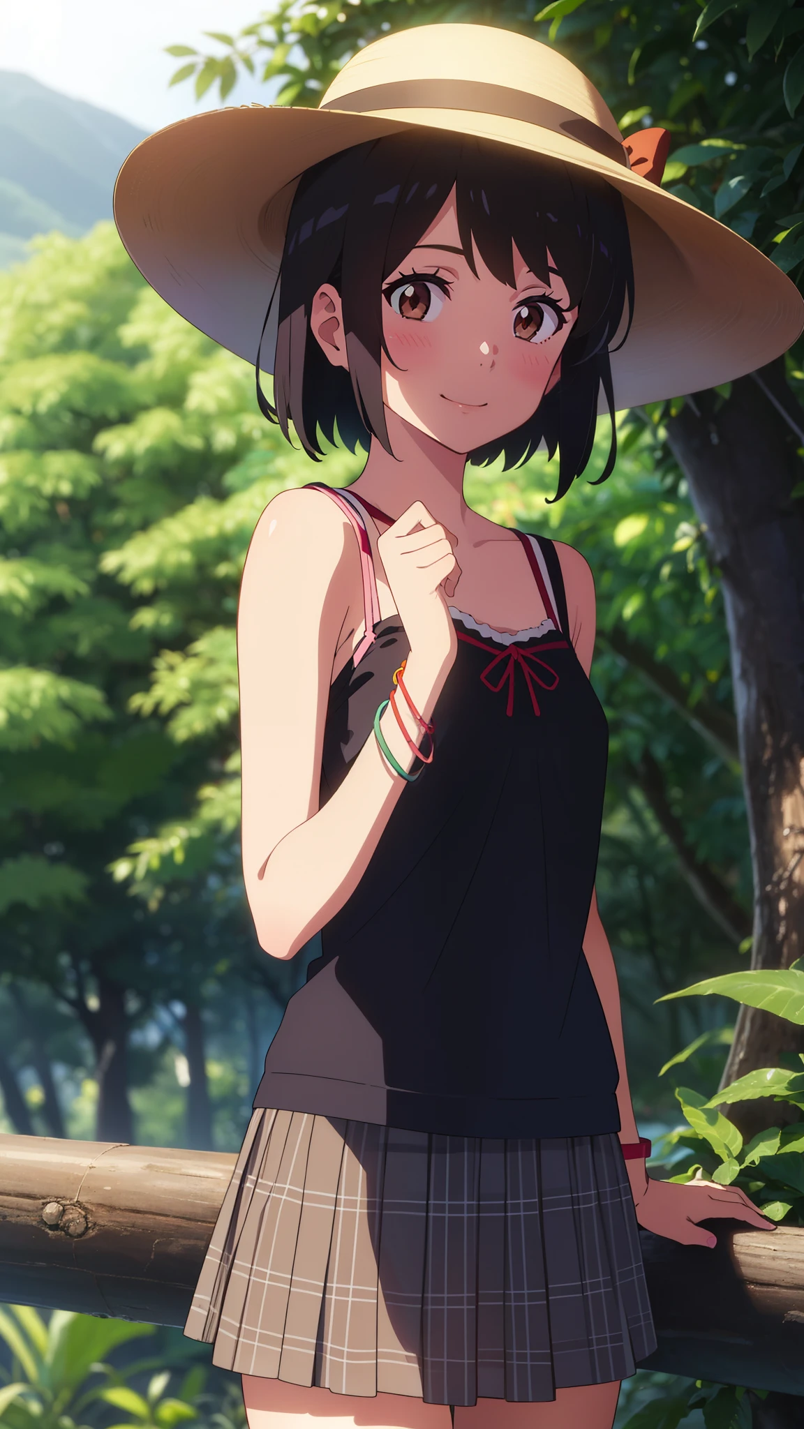 shinkai makoto, kimi no na wa., 1girl, bangs, black hair, blush, brown eyes, red headband, red ribbon, bracelet, short hair, cute, beautiful, shinny skin, looking at viewer, smile, cute, solo, camisole, skirt, plaid skirt, short sleeves, outdoors, gloves, straw hats, Rainforest background, in the forest, night, night sky, upper-body