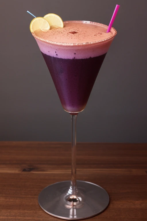 Generar una bebida de color enteramente purpura, servida en una copa "martini"