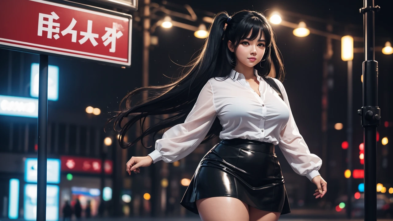 Beautiful sensual and erotic woman with a curvy body, long full black hair, bangs, twintail, widest waist, thicc, beautiful fitting breasts, curvy accentuated booty, detailed sparkling olive green eyes, long eyelashes, light smile, thick thighs, Strong calves, taniaayusiregar, It is night, it is raining, busy street in tokyo, people are not recognizable, she stands in front of a Bus stop, She wears a shiny skirt with an open cardigan, having fun, cardigan is black, skirt is dark blue, photorealistic, Masterpiece, bokeh, Volumetric lighting, low light, sensual atmosphere, close up shot