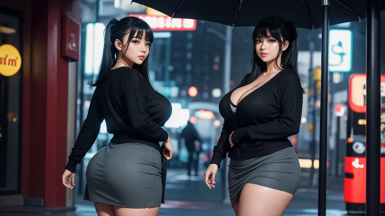 Beautiful sensual and erotic woman with a curvy body, long full black hair, bangs, twintail, widest waist, thicc, beautiful fitting breasts, curvy accentuated booty, detailed sparkling olive green eyes, long eyelashes, light smile, thick thighs, Strong calves, taniaayusiregar, It is night, it is raining, busy street in tokyo, people are not recognizable, she stands in front of a Bus stop, She wears a shiny skirt with an open cardigan, having fun, cardigan is black, skirt is dark blue, photorealistic, Masterpiece, bokeh, Volumetric lighting, low light, sensual atmosphere, close up shot