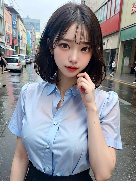 ((Best image quality、8k、masterpiece:1.3))、Sharp focus:1.2、Beautiful woman with perfect body:1.4、Slim Belly:1.2、((Layered Haircut、big:1.2))、(No bra)(Small and beautiful、difficult(thin, Wet button down shirt length:1.1)、(rainに濡れた学校の先生の衣装:1.3)、(rain、street:1.2)、Wet body:1.1、Highly detailed face and skin texture、Detailed eyes、double eyelid、 Sunburnした肌、sexy、Sunburn、Nogizaka Idol、Korean Idol、Carving an idol pose、