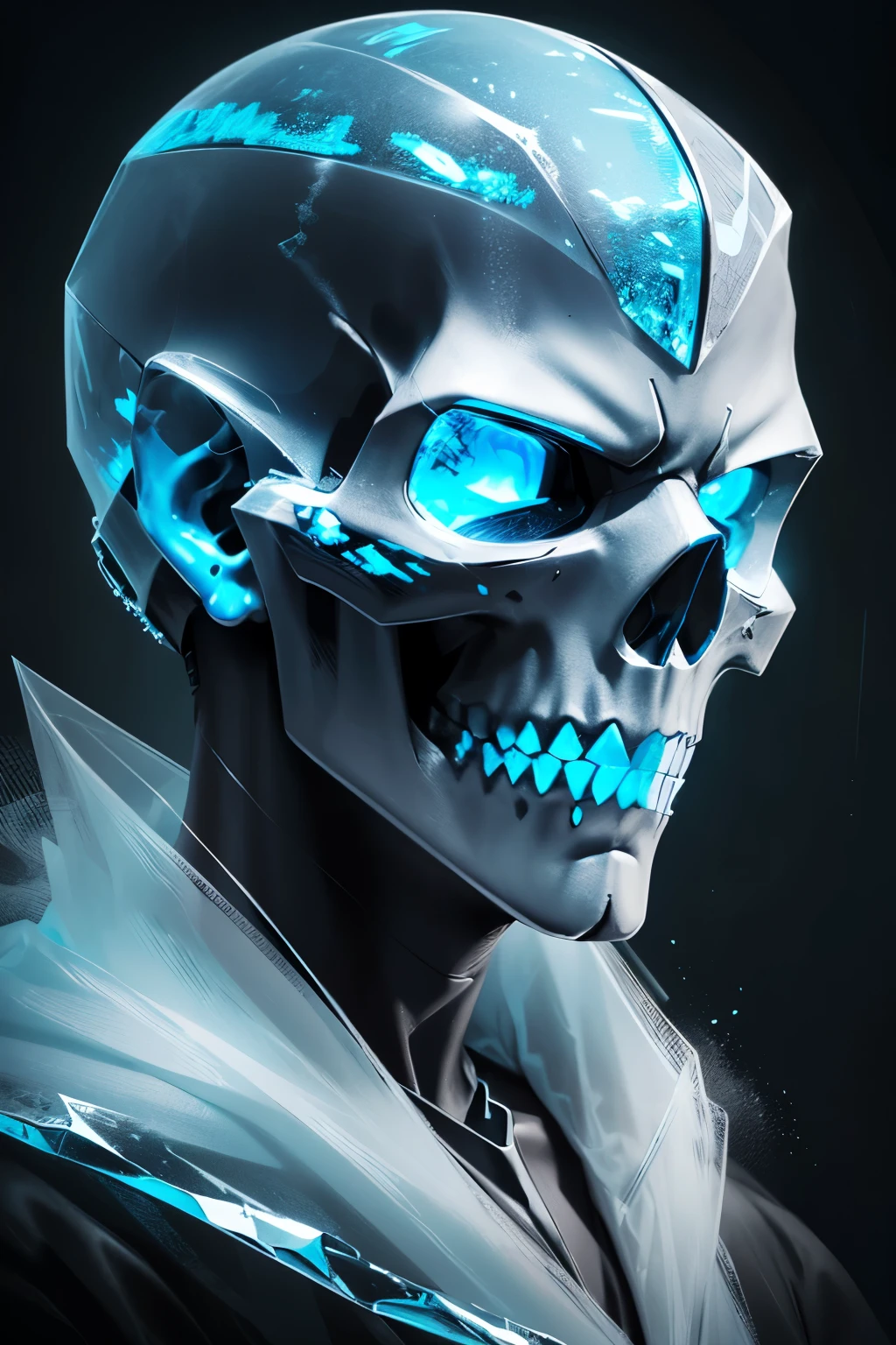 best quality, highres, (ice skull:1.1), (dark, sinister) atmosphere, (detailed, intricate) ice texture, (icy blue, frosty) color palette, (sharp icicles, translucent) skull shape, (eerie, haunting) lighting, (mysterious, foreboding) background, (subtle reflections, glimmering highlights), (mesmerizing, captivating) art style