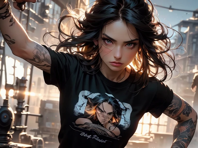 masterpiece, Cowboy shot, (1woman), (wild messy dark brown hair), (Black tshirt:1.2), (beautiful hazel seductive eyes), (tribal tattoo on hands), White, Orange and Blue colors, Foggy background, Graceful pose, (looking at viewer), (front view), (from sky), (bokeh:1.2)