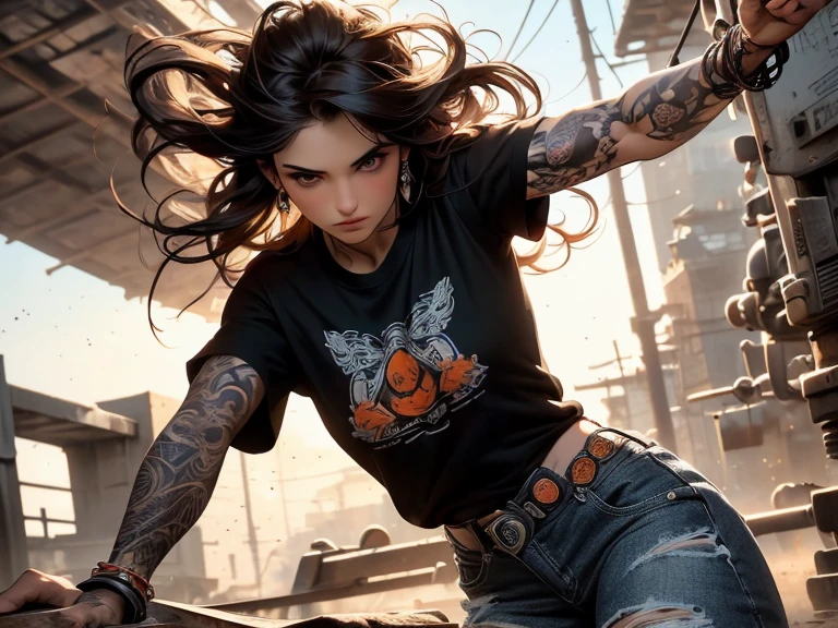 masterpiece, Cowboy shot, (1woman), (wild messy dark brown hair), (Black tshirt:1.2), (beautiful hazel seductive eyes), (tribal tattoo on hands), White, Orange and Blue colors, Foggy background, Graceful pose, (looking at viewer), (front view), (from sky), (bokeh:1.2)