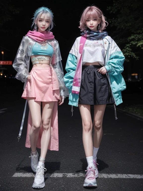 highest quality, Very detailed, masterpiece, Two women posing,(((Perfect female body))),Very beautiful face, Very beautiful body,Gentle expression, Very beautiful eyes,(Perfect Makeup:1.1),Blowing in the Wind,Fashion Model,Cyberpunk Fashion,Curly Hair,Shaggy Hair,pink and blue hair:1.3, very thin body,Smart Abs,,(Fractal Gradient:1.3),Tech See-Through Jacket,Monogrammed long skirt,anklet,Two-tone high-top sneakers,A kind smile,Full body portrait,(Night in Cyber City), (Shiny skin),(Earrings),Long scarf with elegant pattern,Neon long shawl,