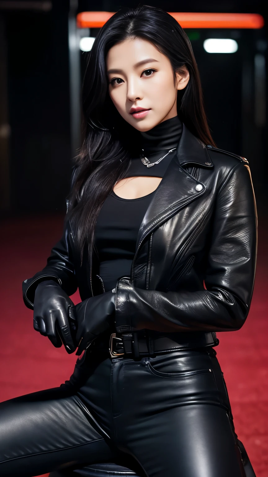 black leather rider jacket, Office in the Dark, Black leather gloved fingertips on both hands,Wearing black leather gloves,Sitting in a black leather chair、 Japanese female new recruits (Black leather gloves cover both hands) (The angle is horizontal)、Black Leather Pants,Black Leather Black Leather Pants,Black Leather Skinny Pants、Long black leather boots on both feet、Black hair ponytail ((He wears black leather gloves on his hands))Full Body Photo,full body shot full body full body leather suit,☺If you turn in this direction。Wearing black leather gloves,Wearing black leather gloves,Wearing black leather gloves,Wearing black leather gloves,Wearing black leather gloves,Wearing black leather gloves,黒のレザーパンツが美しい😍黒のレザーパンツが美しい😍黒のレザーパンツが美しい,😍Smiling while looking at me,City lights、((Neon Cyberpunk City Street:1.3))、(Neon Light)、Detailed lighting、

Best image quality、Ultra-high resolution、(realism:1.4)、Korean Beauty Star、The most beautiful KPOP stars、face、Horny Korean Makeup、A body that makes you want to touch it、Realistic leather texture、Costume made of smooth leather fabric、The drape of the curved parts of the leather fabric、The costume is very shiny、Quality of the costume、8K Photo Quality
