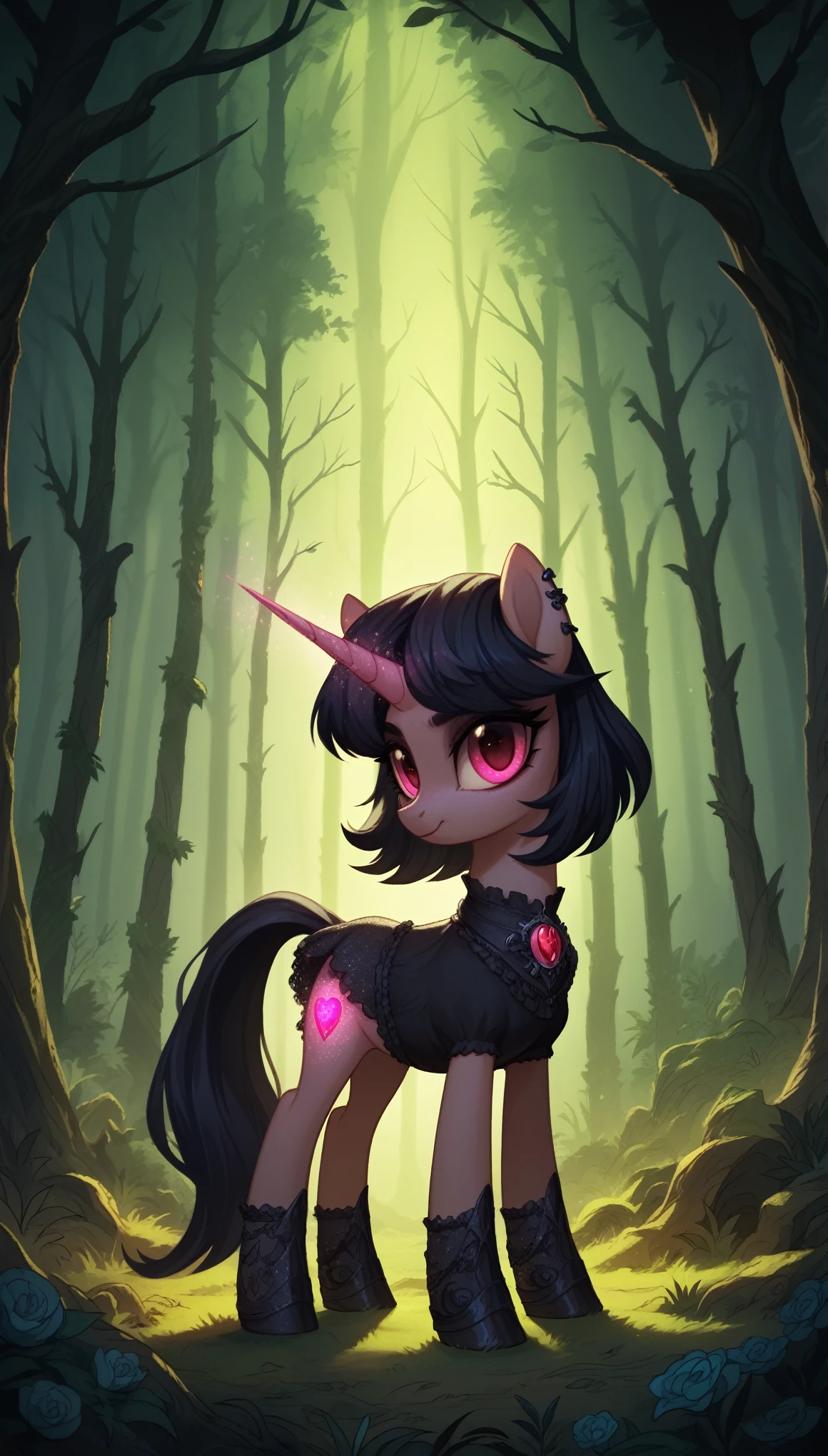 score_9,score_8_up,score_7_up,score_6_up, Gothic pony, Wiccan fashion, glowing backlight, forest scene, glitter, whimsical, enchanted, magical, fantasy art concept, intricate details,