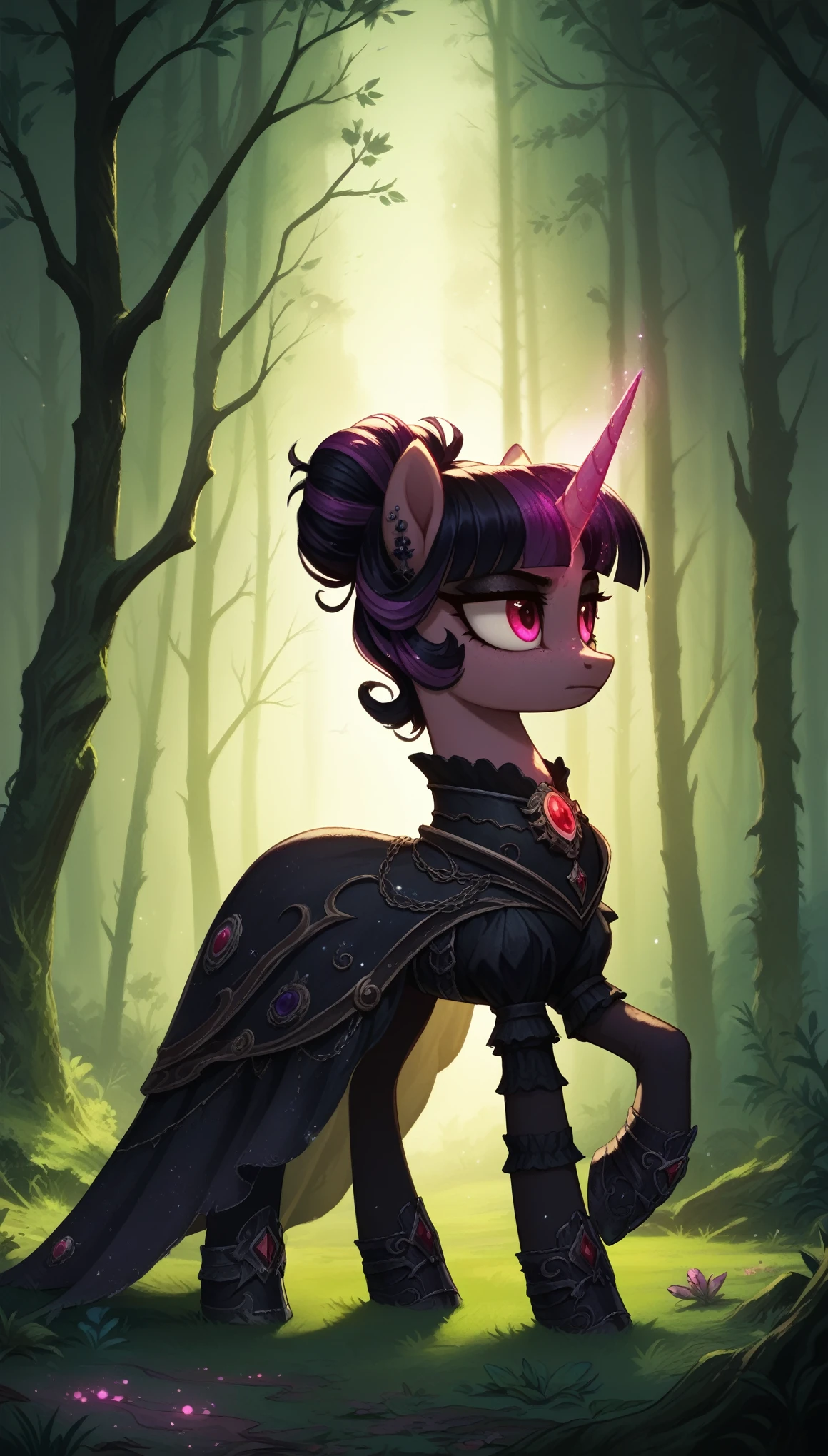 score_9,score_8_up,score_7_up,score_6_up, Gothic pony, Wiccan fashion, glowing backlight, forest scene, glitter, whimsical, enchanted, magical, fantasy art concept, intricate details,