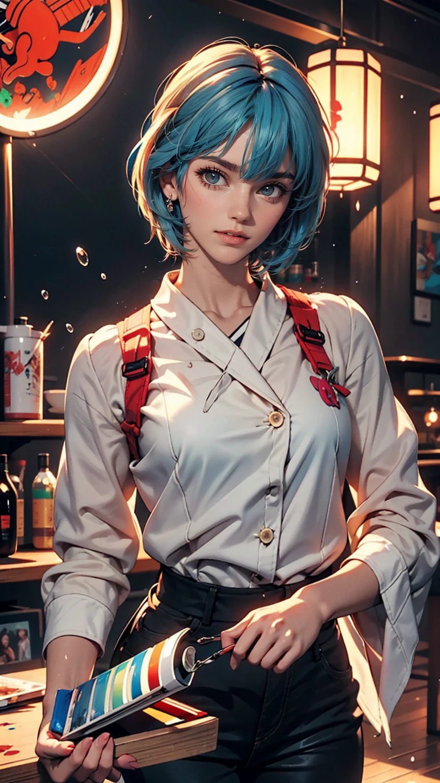 A masterpiece portrait of smiling Rei Ayanami (Evangelion), Evangelion (Hideaki), Caustics, High resolution illustrations, Red eyes, feminine, No students, Blue Hair, short hair, Japanese , loafers, Spank, Synthwave, paint Splashs, Shaded flat illustration, Digital Art, Trending on Artstation, Very detailed, The finer details, Complex, Splash, Overtake, Vaporware, Neon color