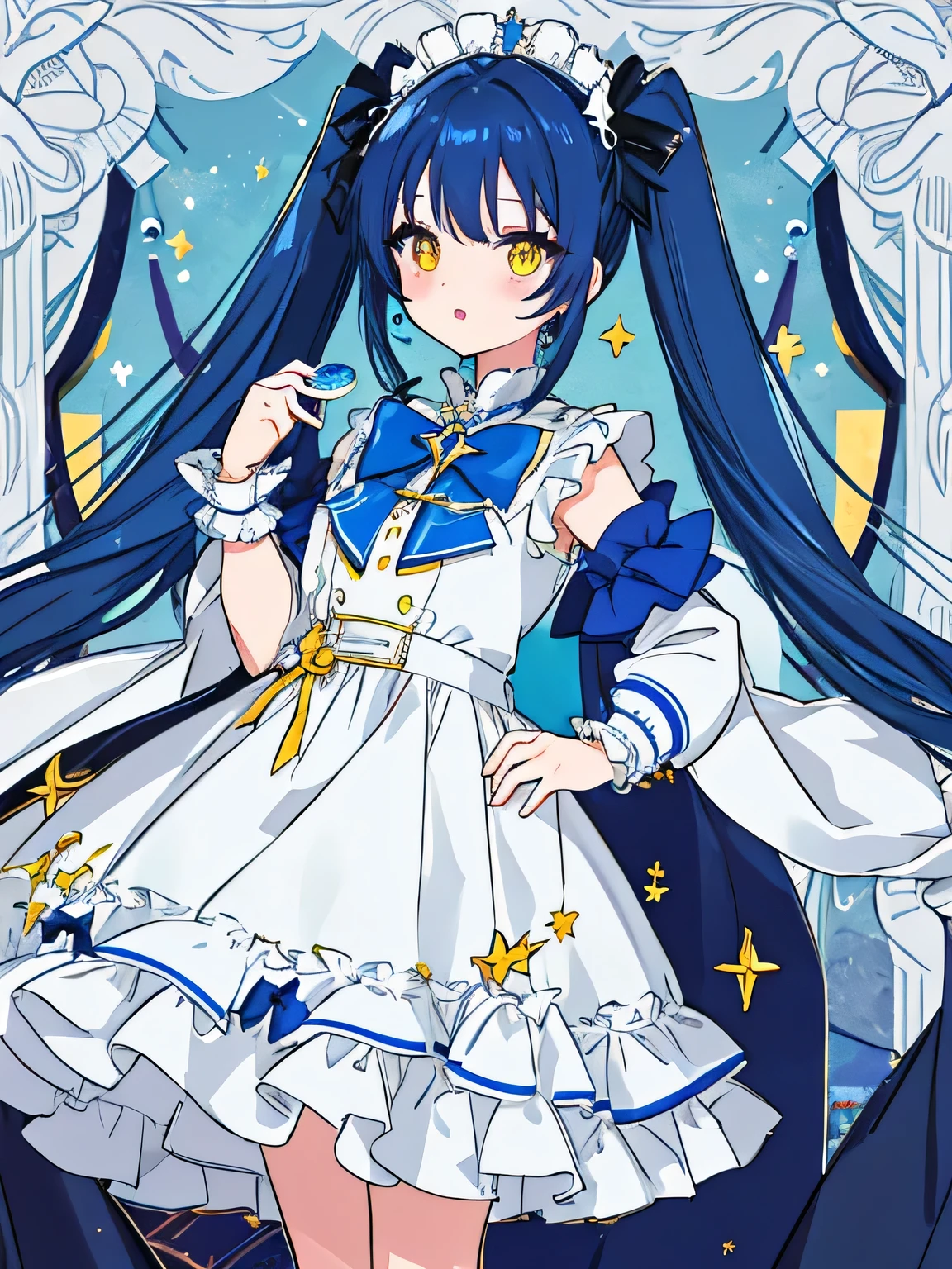 masterpiece, High resolution, highest quality, Super detailed,masterpiece,,Blue Hair、Twin tails、Yellow Eyes、Dark pupilole under left eye、Idol、White Dress、Star motif accessories、Song