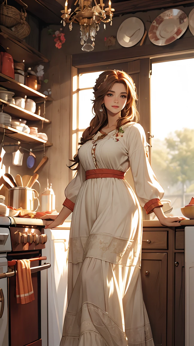 full body shoot, in a kitchen, Luma is a gracious person, She is beautiful、Has a strong attitude, Her breasts are voluminous, Feminine pear-shaped silhouette, Auburn Hair, long Auburn Hair, She has expressive eyes, (Eyes are olive green), Her skin turns white, Big Breasts, farm, rustic clothing, Bohemian style clothing, farm bohemian fashion clothes, Romantic atmosphere, The Light of the Fire, The fire shines, flower white dress is straight、Half of the hair has curled ends,