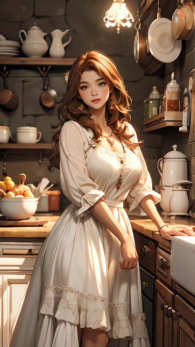 full body shoot, in a kitchen, Luma is a gracious person, She is beautiful、Has a strong attitude, Her breasts are voluminous, Feminine pear-shaped silhouette, Auburn Hair, long Auburn Hair, She has expressive eyes, (Eyes are olive green), Her skin turns white, Big Breasts, farm, rustic clothing, Bohemian style clothing, farm bohemian fashion clothes, Romantic atmosphere, The Light of the Fire, The fire shines, flower white dress is straight、Half of the hair has curled ends,