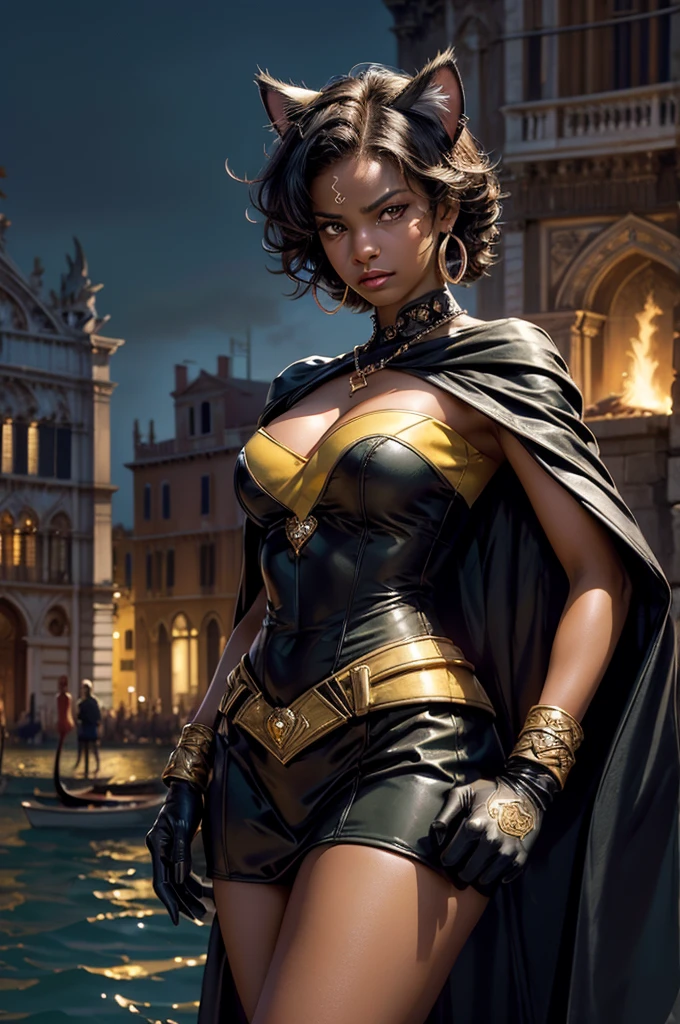 (masterpiece,stunning girlfriend, (standing:1.1), dynamic pose, heart shaped face, elegant face, beautiful face, highly detailed face, highres, masterpiece,best quality,original,extremely detailed CG,extremely detailed wallpaper,perfect lighting,looking at viewer,bare hands,1girl, SiennaKhan,short hair,black hair,animal ears,yellow eyes, (cat ears),dark skin,dark-skinned female,gloves,jewelry,earrings,cape,facial mark,cleavage cutout,hoop earrings, standing, outside, dystopian future, venice, italy, river, gondola, (crowd in military uniforms), bonfires, closed mouth, serious look, serious expression, looking at viewer,