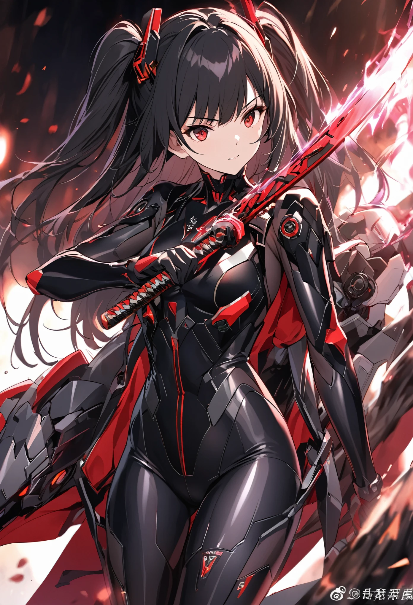 The character is a young girl with long, black hair styled in a "two side up" fashion. Her captivating red eyes exude an intense aura, reflecting her deadly determination. She belongs to a specialized assassination unit, trained in covert operations. Equipped with advanced technology, she wields a high-tech Japanese katana, combining tradition with innovation. Completing her formidable appearance, she wears a sleek combat exosuit, enhancing her agility and protection. This character's design embraces the essence of an anime aesthetic.