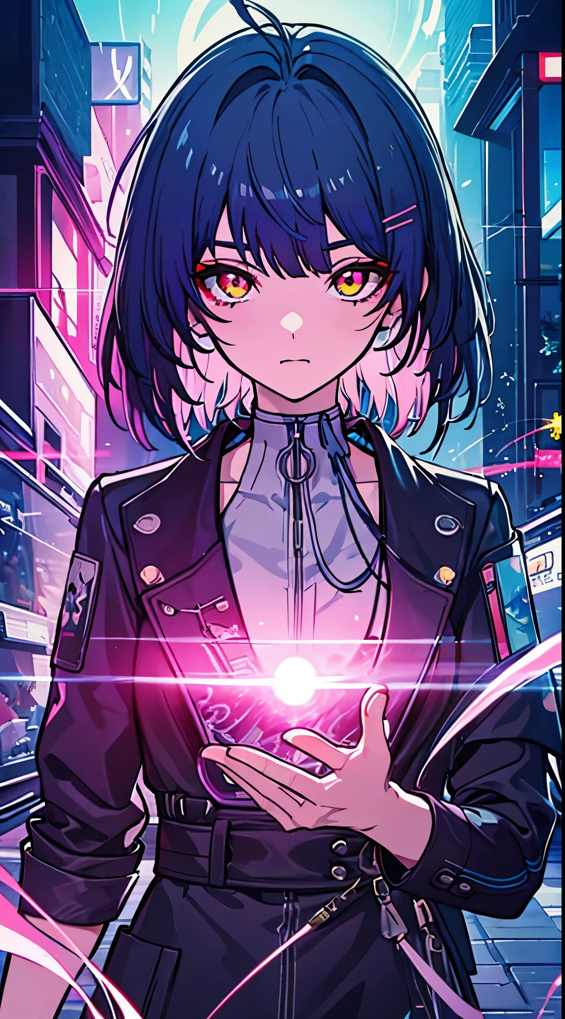 glowing eyes, colourful glowing hair, wearing sci-fi jacket, anime style, high detail, Futurism, glowing light, UHD, retina, masterpiece, ccurate, anatomically correct, textured skin, super detail, high details, high quality, award winning, best quality, highres