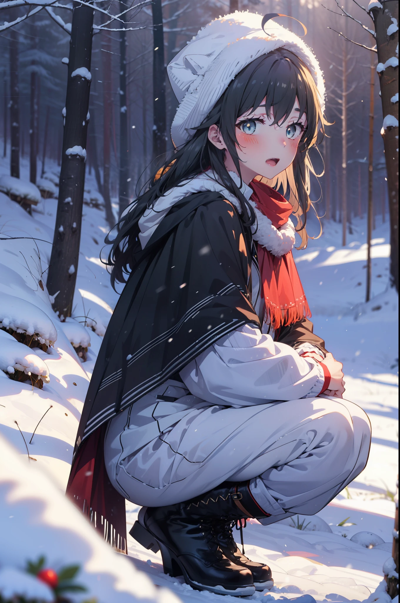 yukinoyukinoshita, yukino yukinoshita, Black Hair, blue eyes, Long Hair, Ahoge,smile,blush,White Breath,
Open your mouth,snow,Ground bonfire, Outdoor, boots, snowing, From the side, wood, suitcase, Cape, Blurred, Increase your meals, forest, White handbag, nature,  Squat, Mouth closed, フードed Cape, winter, Written boundary depth, Black shoes, red Cape break looking at viewer, Upper Body, whole body, break Outdoor, forest, nature, break (masterpiece:1.2), highest quality, High resolution, unity 8k wallpaper, (shape:0.8), (Beautiful and beautiful eyes:1.6), Highly detailed face, Perfect lighting, Extremely detailed CG, (Perfect hands, Perfect Anatomy),