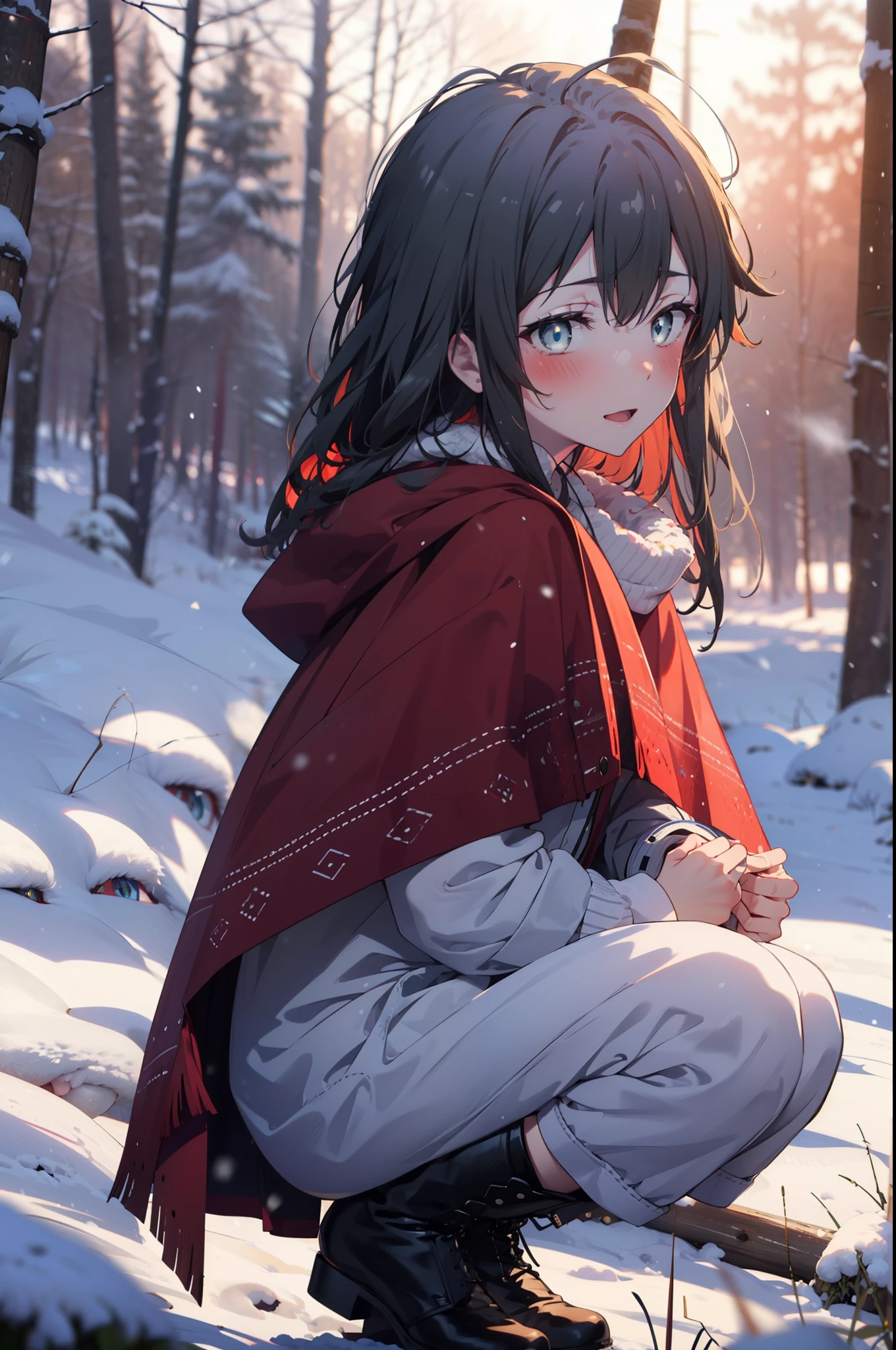 yukinoyukinoshita, yukino yukinoshita, Black Hair, blue eyes, Long Hair, Ahoge,smile,blush,White Breath,
Open your mouth,snow,Ground bonfire, Outdoor, boots, snowing, From the side, wood, suitcase, Cape, Blurred, Increase your meals, forest, White handbag, nature,  Squat, Mouth closed, フードed Cape, winter, Written boundary depth, Black shoes, red Cape break looking at viewer, Upper Body, whole body, break Outdoor, forest, nature, break (masterpiece:1.2), highest quality, High resolution, unity 8k wallpaper, (shape:0.8), (Beautiful and beautiful eyes:1.6), Highly detailed face, Perfect lighting, Extremely detailed CG, (Perfect hands, Perfect Anatomy),