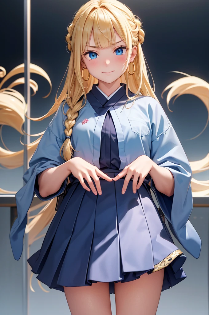 (masterpiece:1.2)、highest quality、High resolution、unity 8k wallpaper、(figure:0.8)、Highly detailed face、Perfect lighting、Highly detailed CG、(Perfect hands、Perfect Anatomy)、
Glossy blonde、Gradient Hair、The left sideburn is longer than the right、blue eyes、 look down、Upper Body、hair、Fair skin、French Braid、smile、Blunt bangs、Hoop Earrings、体の正面figure、(Beautiful fine details:1.6)、Tight eyes、Angry Eyes、Japanese high 、serafuku
