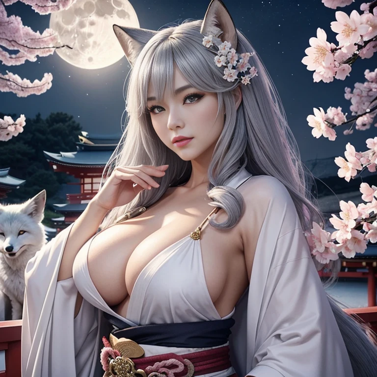 Beautiful Goddess(1 person)、White Fox Incarnation、It has nine tails、Beautiful woman、kimono、Trained muscles、Big Breasts、Gray Hair、Captivating body、Japanese Shrines、Cherry Blossoms at Night、full moon、8k、Realistic