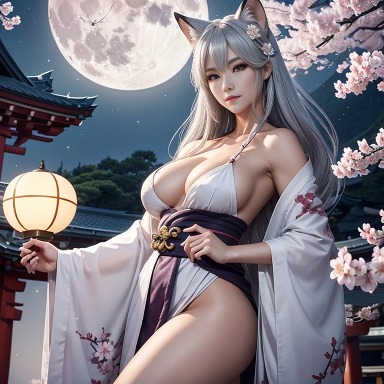 Beautiful Goddess(1 person)、White Fox Incarnation、It has nine tails、Beautiful woman、kimono、Trained muscles、Big Breasts、Gray Hair、Captivating body、Japanese Shrines、Cherry Blossoms at Night、full moon、8k、Realistic