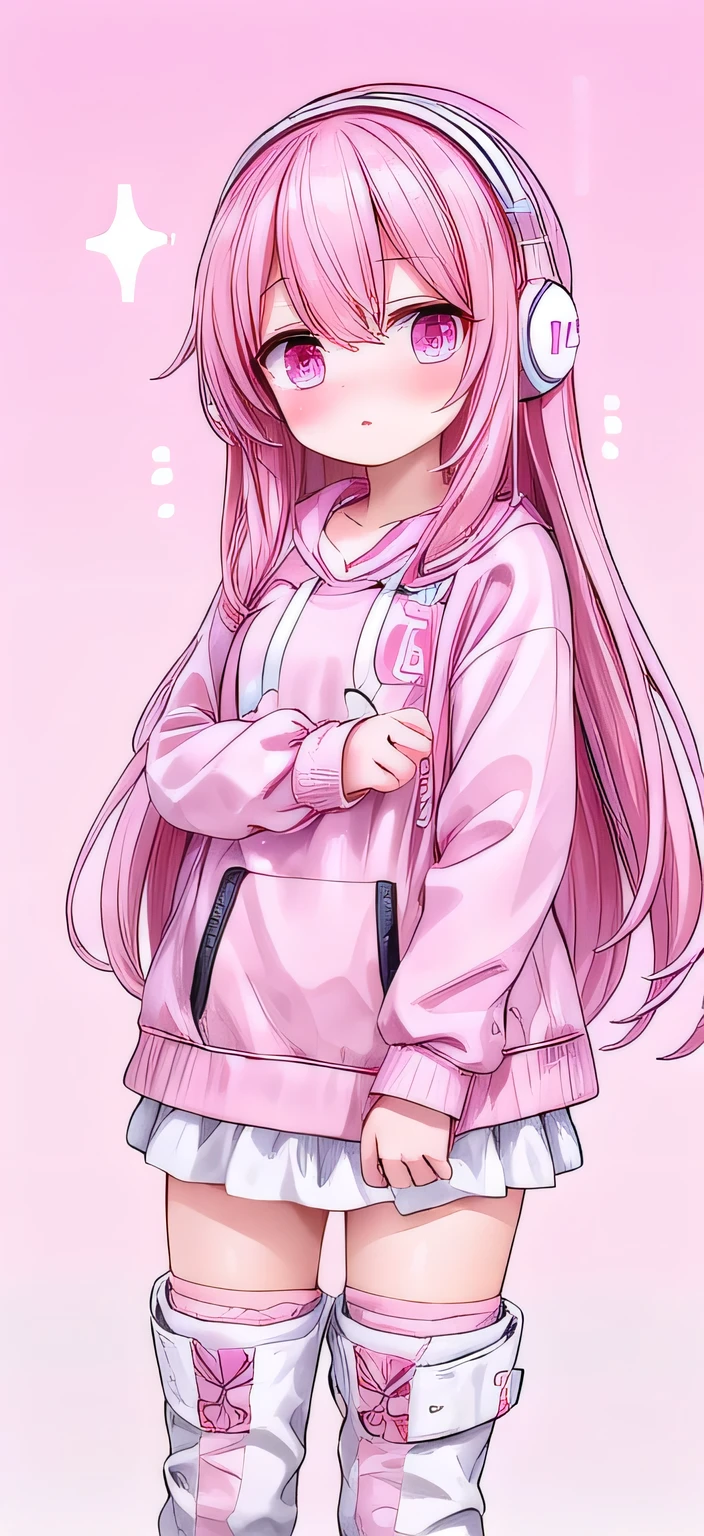 Pink long hair,Pink and white sweatshirt,pink eyes,Black headphones,White boots,Shyness blush,leg clamp,