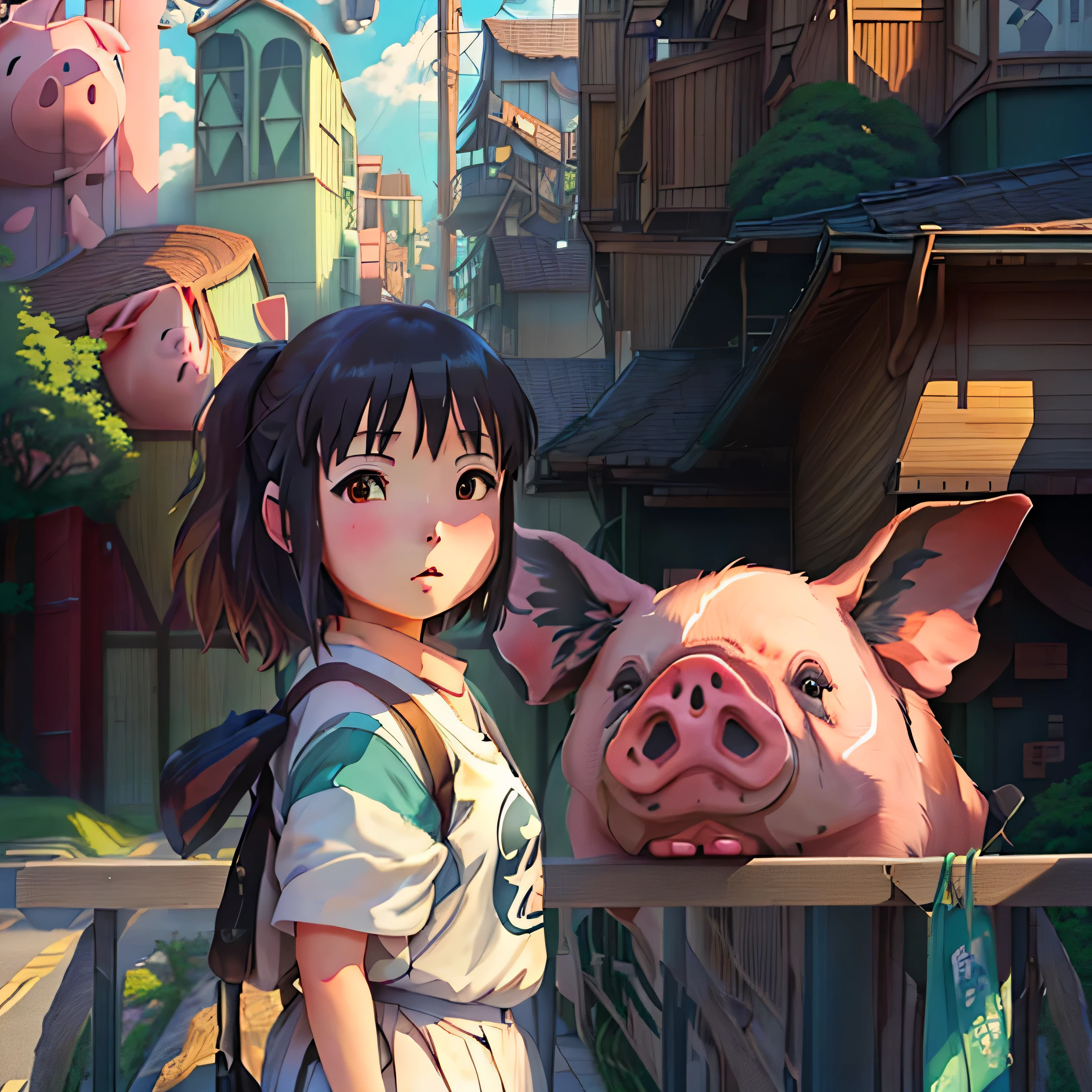 Anime girl standing next to a pig in front of a building, ghibli Spirited Away vibe, Spirited Away, Studio Ghibli and shinkai makoto, in the Studio Ghibli anime film, from the studio Ghibli Movies, Ghibli anime movies, in Studio Ghibli, Studio Ghibli artstyle, stuido ghibli, Ghibli Movies, in style of Studio Ghibli, Studio Ghibli & James Gurney