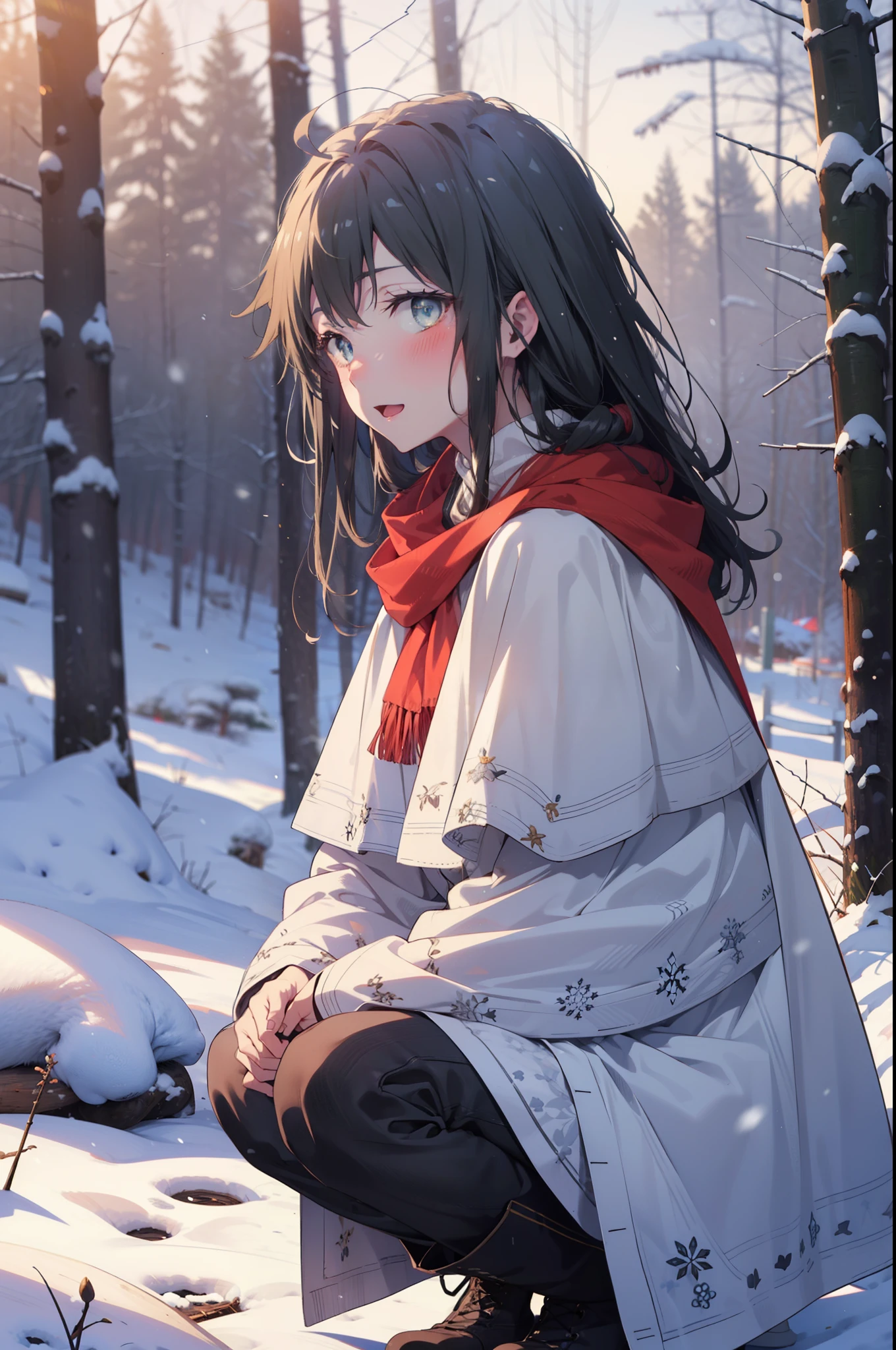 yukinoyukinoshita, yukino yukinoshita, Black Hair, blue eyes, Long Hair, Ahoge,smile,blush,White Breath,
Open your mouth,snow,Ground bonfire, Outdoor, boots, snowing, From the side, wood, suitcase, Cape, Blurred, Increase your meals, forest, White handbag, nature, Squat, Mouth closed, フードed Cape, winter, Written boundary depth, Black shoes, red Cape break looking at viewer, Upper Body, whole body, break Outdoor, forest, nature, break (masterpiece:1.2), highest quality, High resolution, unity 8k wallpaper, (shape:0.8), (Beautiful and beautiful eyes:1.6), Highly detailed face, Perfect lighting, Extremely detailed CG, (Perfect hands, Perfect Anatomy),