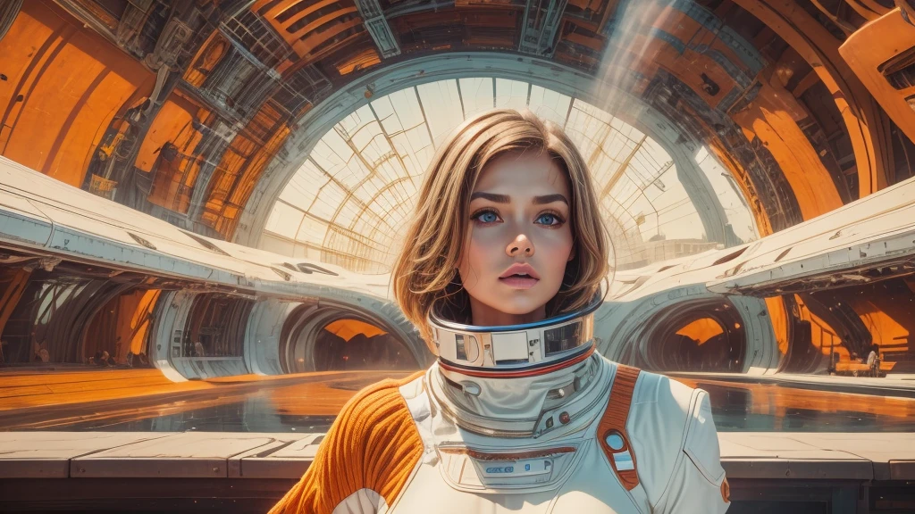 arafed image of a white woman in a futuristic suit with a spaceship in the background, movie art, in front of an orange background, inspired by Robert McGinnis, female protagonist, megastructure in the background, portrait of an ai astronaut, astronauts, an astronaut, portrait of a astronaut skeletor, perfect android girl, detailed eyes, perfectly detailed teeth, frank franzzeta and sakimichan  