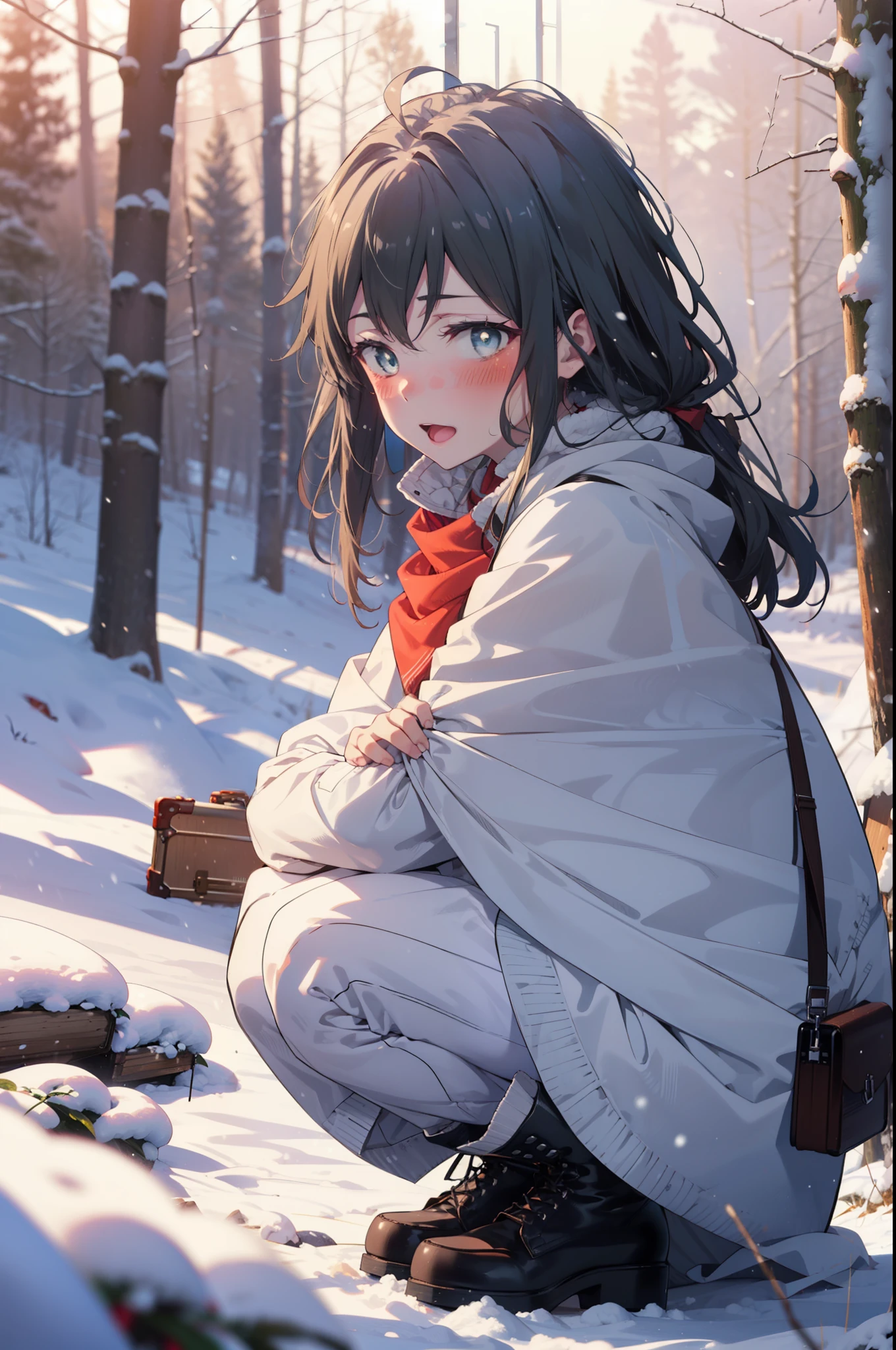 yukinoyukinoshita, yukino yukinoshita, Black Hair, blue eyes, Long Hair, Ahoge,smile,blush,White Breath,
Open your mouth,snow,Ground bonfire, Outdoor, boots, snowing, From the side, wood, suitcase, Cape, Blurred, Increase your meals, forest, White handbag, nature,  Squat, Mouth closed, フードed Cape, winter, Written boundary depth, Black shoes, red Cape break looking at viewer, Upper Body, whole body, break Outdoor, forest, nature, break (masterpiece:1.2), highest quality, High resolution, unity 8k wallpaper, (shape:0.8), (Beautiful and beautiful eyes:1.6), Highly detailed face, Perfect lighting, Extremely detailed CG, (Perfect hands, Perfect Anatomy),