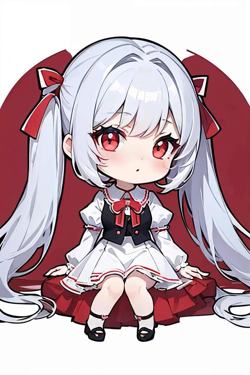 angel, charactera girl, Chibi, anime style, full body, best detailed girl, sitting on a blue star, chibi, one girl, age girl, long hair blown up, asymmetrical bangs, twintails, grey hair, extremely beautiful detailed anime face and eyes, light blush, complex details beautiful and delicate eyes, human hands, medium chest circumference, perfect and delicate limbs, deep red eyes, white skin, hair bow, Red vest,whiteshirt,red ribbon,white skirt, black footwear, red Clothes, extremely detailed, wallpaper 8k CG, wallpaper,Solo, chibi,white background,