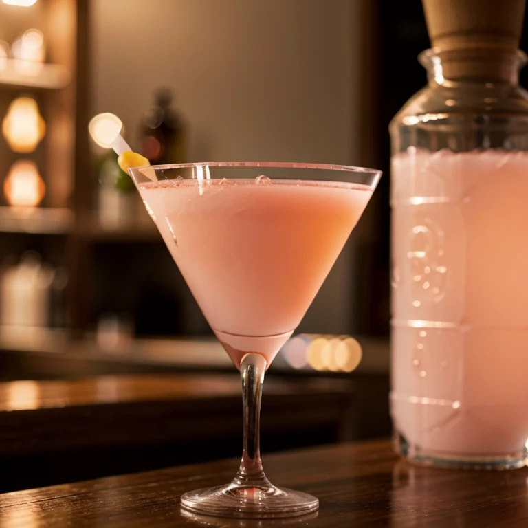 Produces a pale pink drink served in a glass "martini"