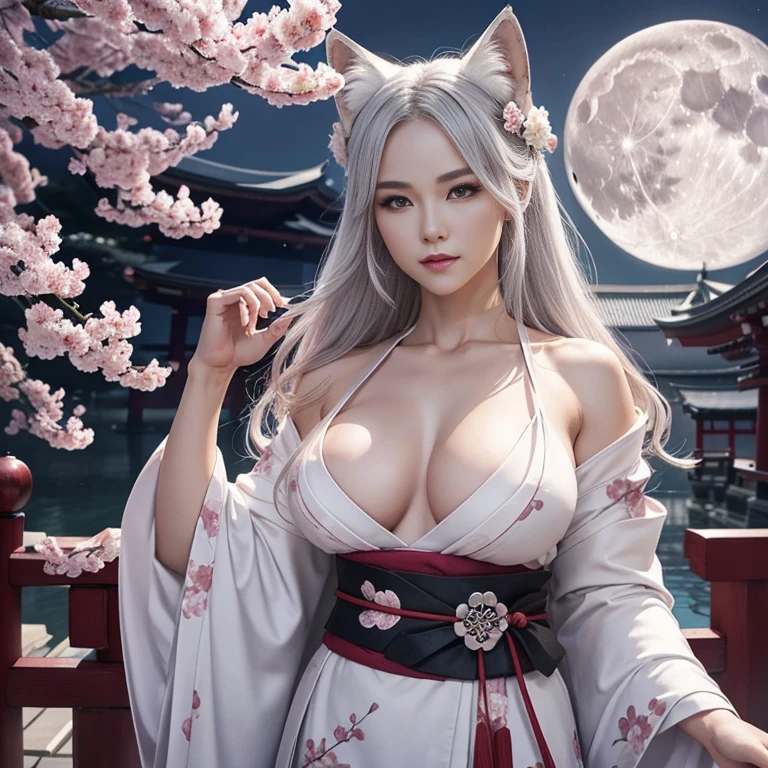 Beautiful Goddess（1 person）、White Fox Incarnation、It has nine tails、Beautiful woman、kimono、Trained muscles、Big Breasts、Gray Hair、Muscular body、Japanese Shrines、Cherry Blossoms at Night、full moon、8k、Realistic