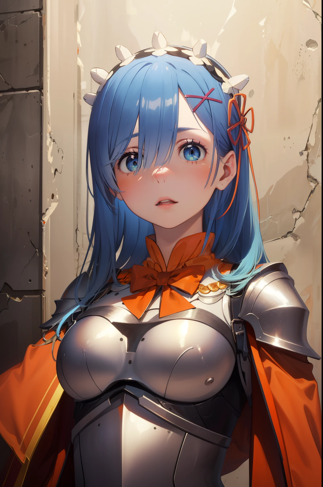 ph_rem, remhd, 1girl, blue hair, solo, blue eyes, x hair ornament,
BREAK (red bowtie, shoulder armor, sidelocks, (white armor:1.5), breastplate, (orange dress:1.5):1.2),
BREAK (masterpiece:1.2), best quality, high resolution, unity 8k wallpaper, (illustration:0.8), (beautiful detailed eyes:1.6), extremely detailed face, perfect lighting, extremely detailed CG, (perfect hands, perfect anatomy),