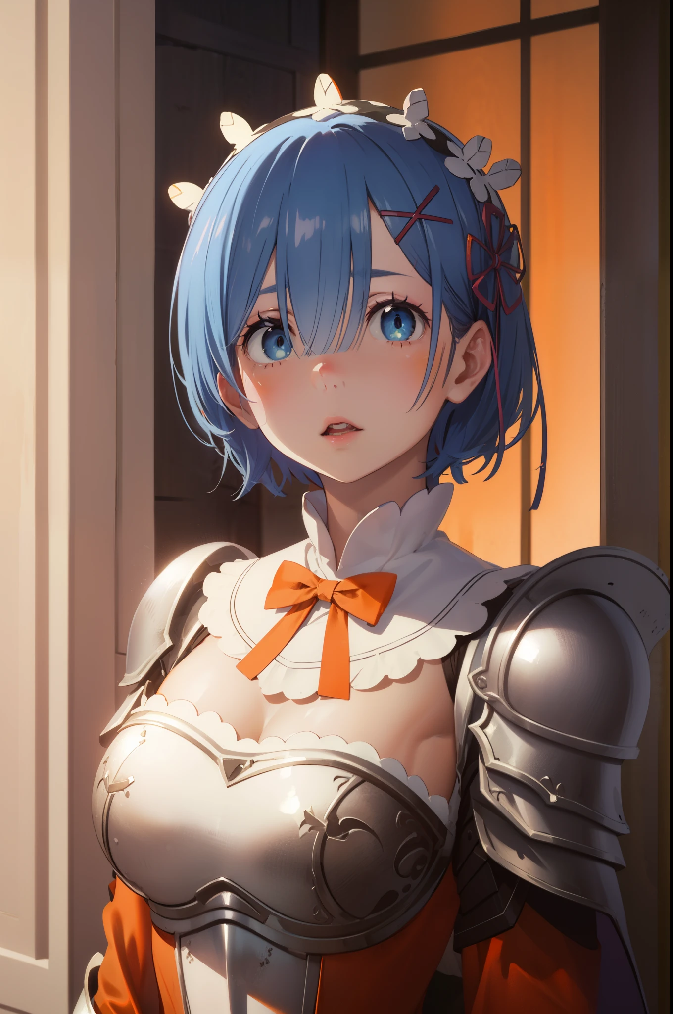 ph_rem, remhd, 1girl, blue hair, solo, blue eyes, x hair ornament,
BREAK (red bowtie, shoulder armor, sidelocks, (white armor:1.5), breastplate, (orange dress:1.5):1.2),
BREAK (masterpiece:1.2), best quality, high resolution, unity 8k wallpaper, (illustration:0.8), (beautiful detailed eyes:1.6), extremely detailed face, perfect lighting, extremely detailed CG, (perfect hands, perfect anatomy),